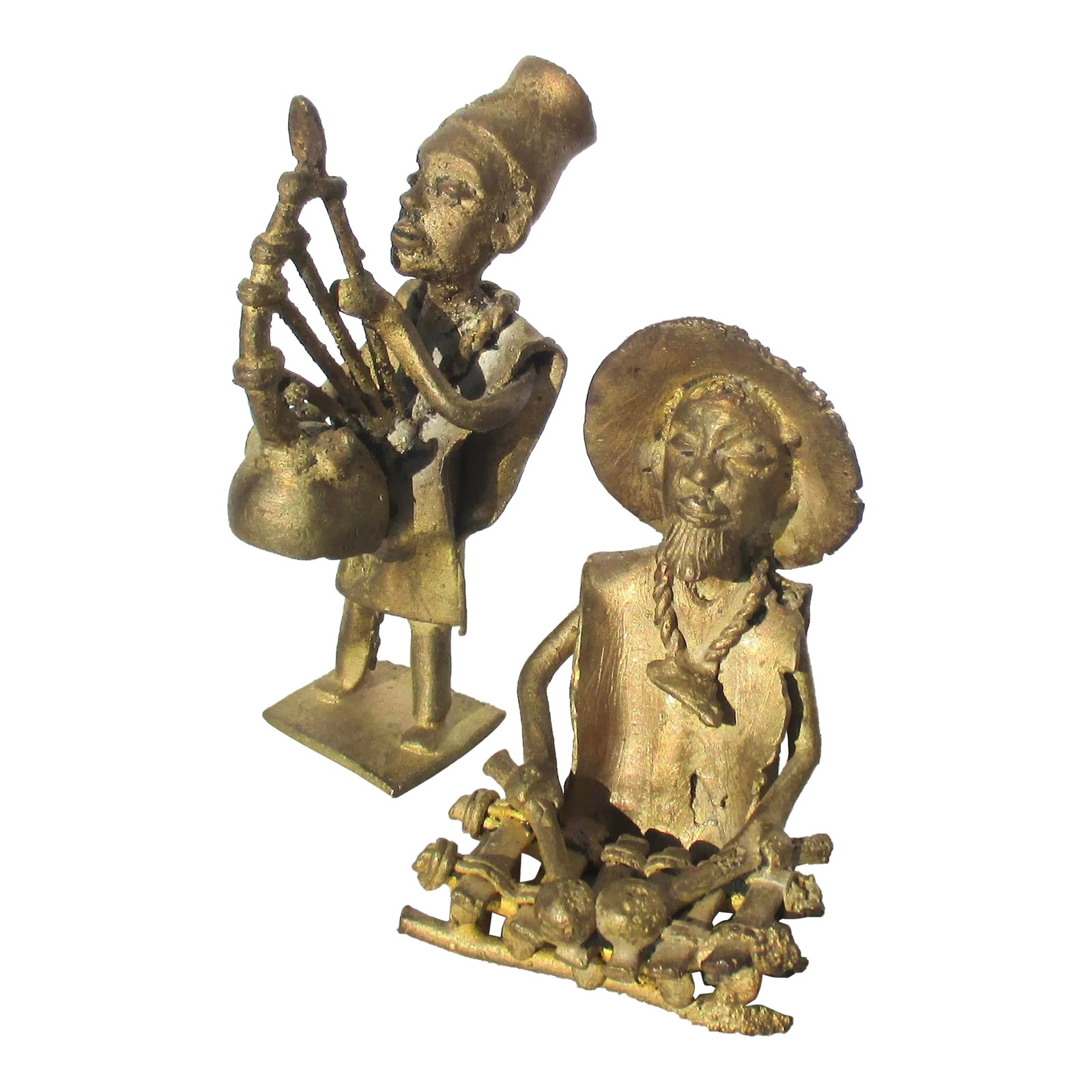 Benin African Bronze Musicians Pair of 2: Lively pair of Benin Lost wax cast bronzes. Two musicians are busy playing their instruments. One is a Xylophone and his mate is sporting a bagpipe. Happy pair wonderfully formed in wax and cast in a