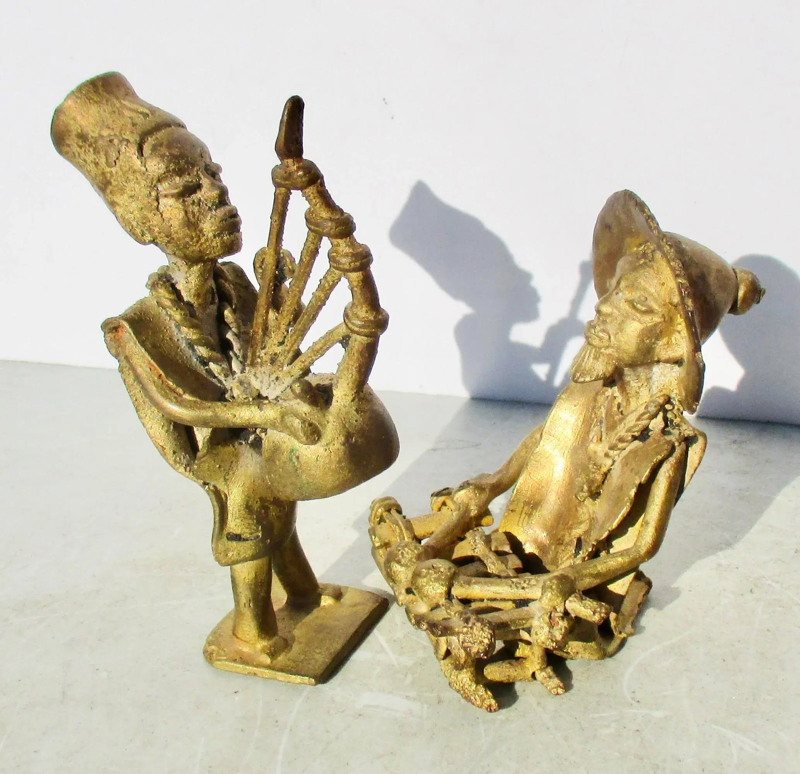 Benin African Bronze Musicians Pair of 2 - 5