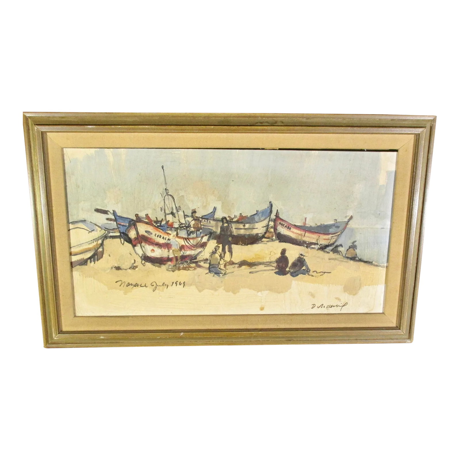 Oil on Panel Beach Scene Nazare July 1969: Oil on panel, plein air oil study of the fishing boats pulled onto the beach. All bearing the names of the villages Nazare and Coracm, with the men working on the nets out on the sand. Quick and sure