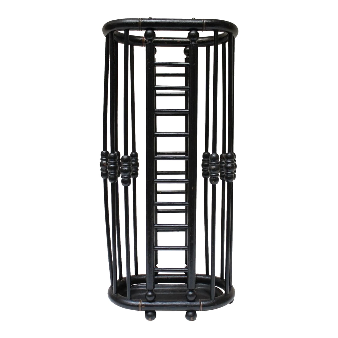 Arts and Crafts Stick and Ball Form Ebonized Umbrella Stand: Umbrella stand composed of an ebonized-oak stick and ball constructed frame with painted black cast iron base and brass hardware (ca. late 19th Century/early 20th Century USA). Some of the spindles