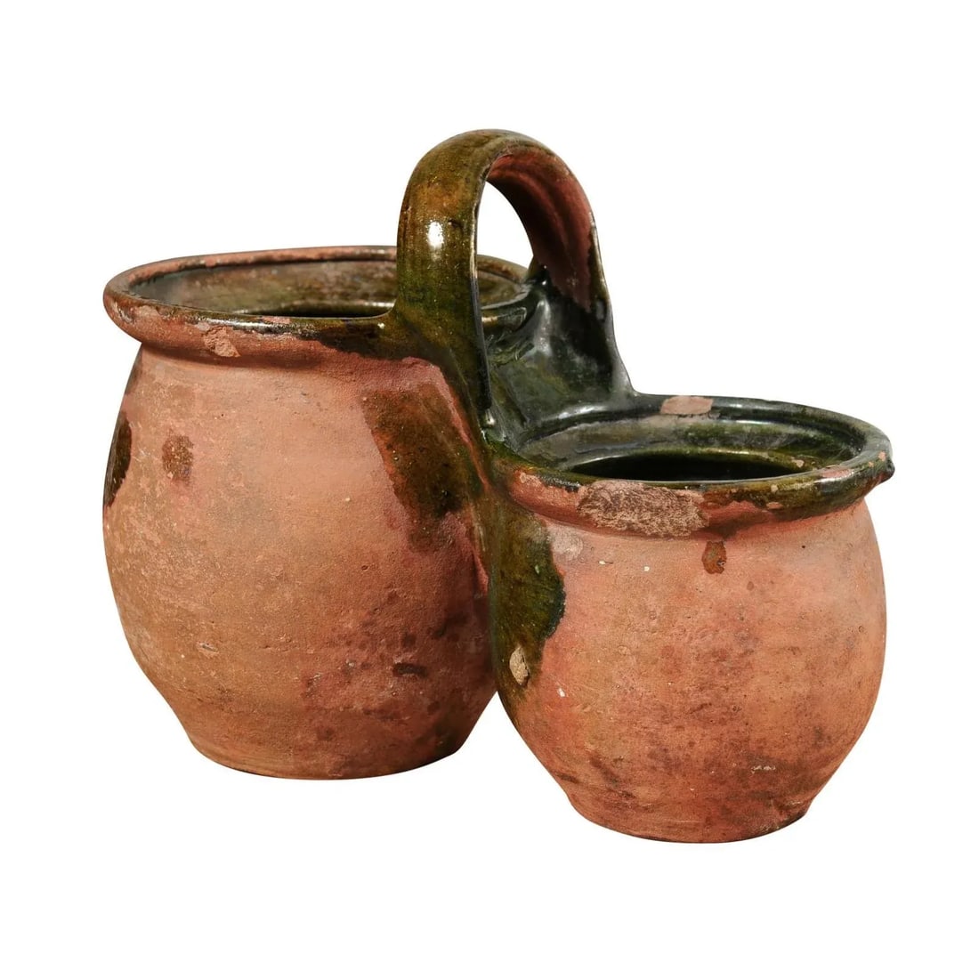 19th Century Green Glazed Shepherd's Lunch Holder Pottery with Bowls and Handle - 4