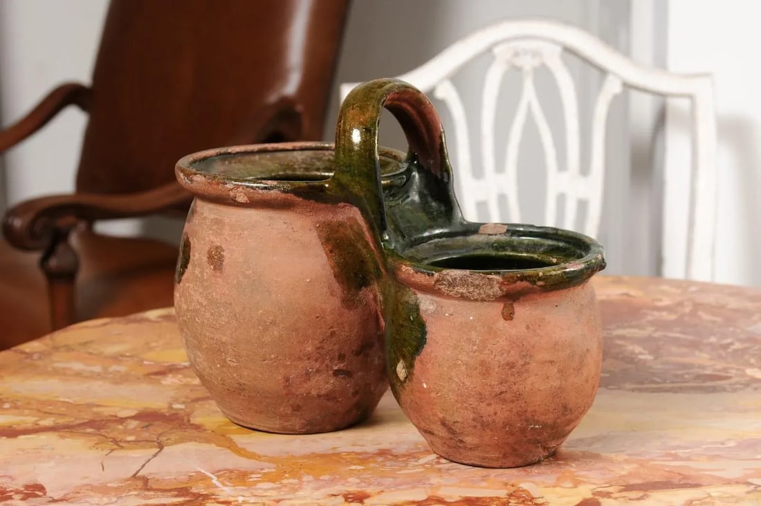19th Century Green Glazed Shepherd's Lunch Holder Pottery with Bowls and Handle - 6
