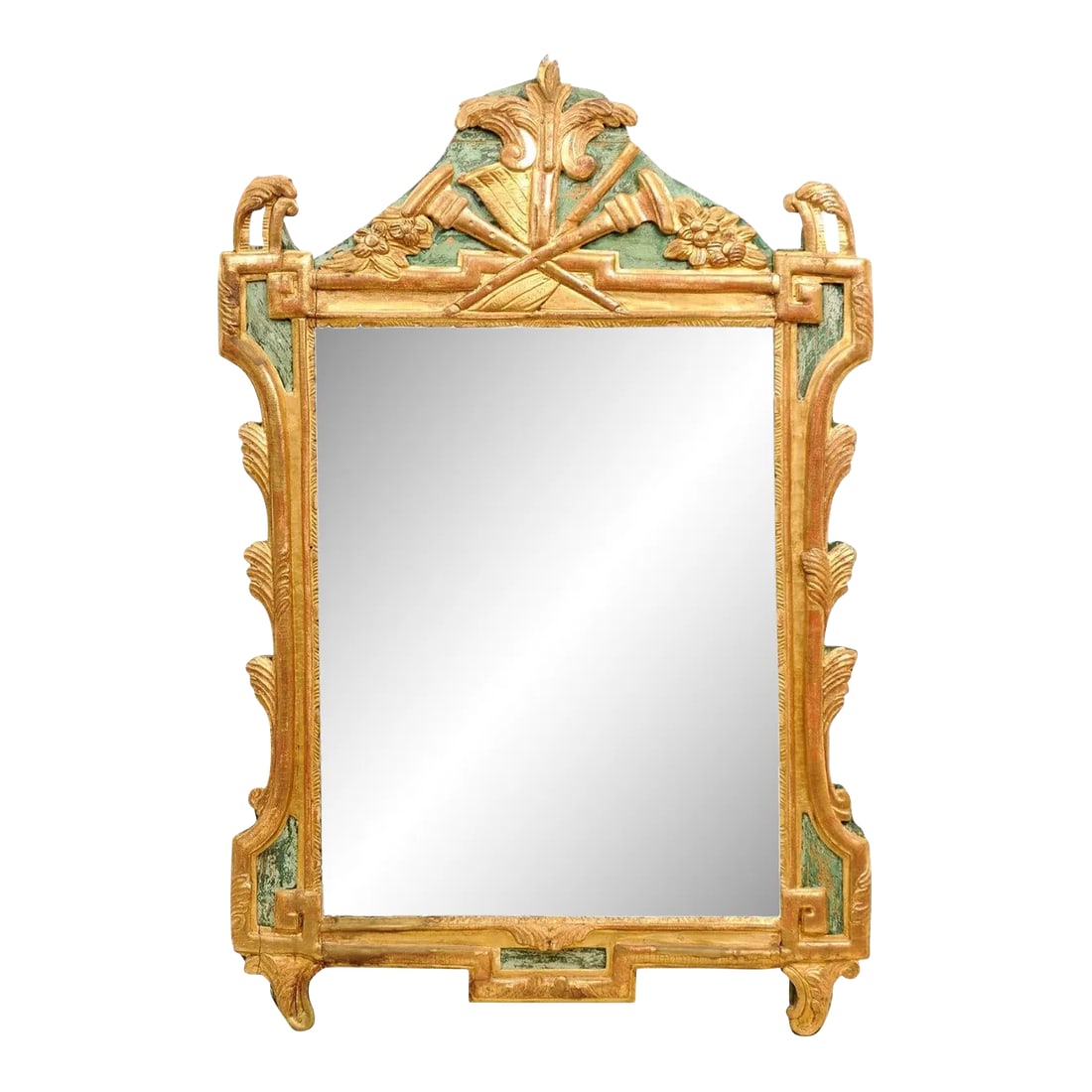 French Louis XVI Period 18th Century Gilded Mirror with Carved Musical Allegory: A French Louis XVI period painted and giltwood mirror from the 18th century with carved Liberal Arts Allegory symbolized by musical instruments and scores. From the era of exquisite design and impecca
