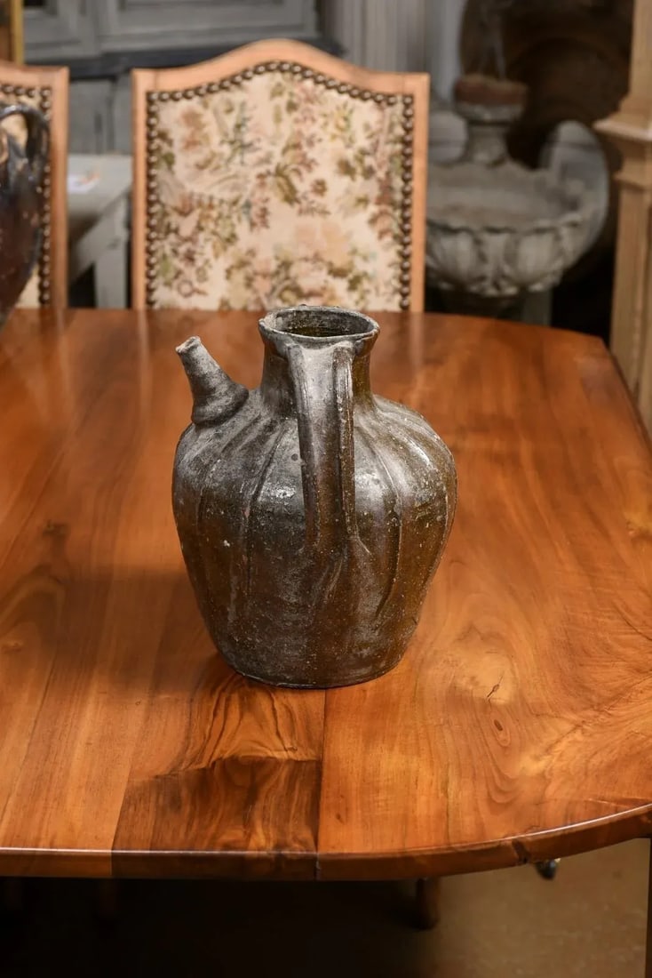 French Provincial 19th Century Glazed Pottery Pouring Jug with Two Handles - 2