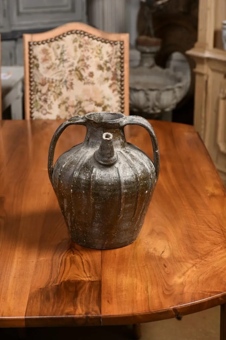 French Provincial 19th Century Glazed Pottery Pouring Jug with Two Handles - 4