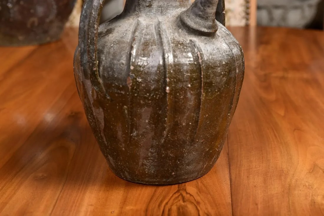 French Provincial 19th Century Glazed Pottery Pouring Jug with Two Handles - 8