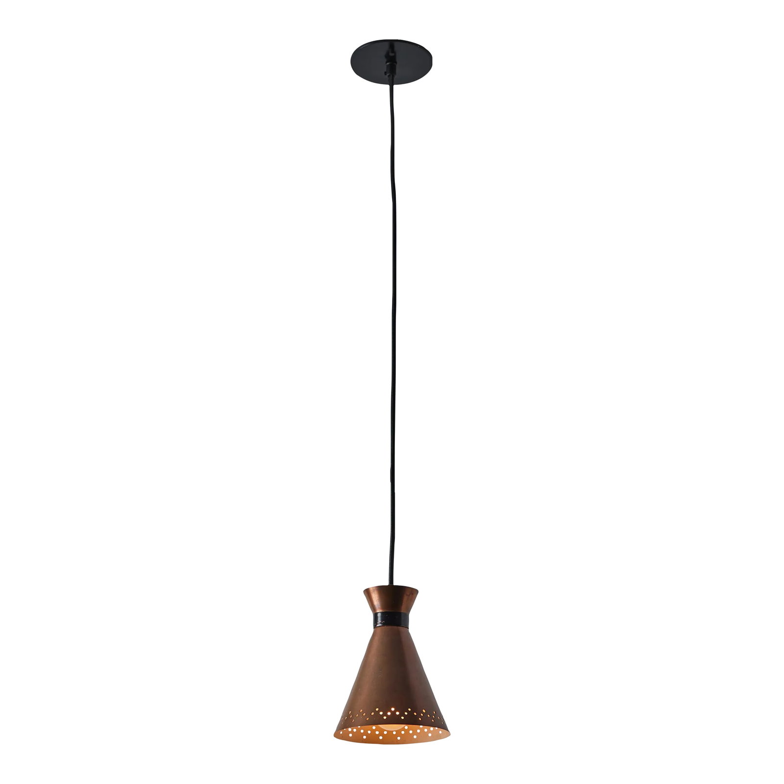 1950s Bent Karlby Perforated Diabolo Pendant in Copper for Lyfa: 1950s Bent Karlby Perforated Diabolo Pendant in Copper for Lyfa. Executed in architecturally cut and elegantly shaped copper shades with black painted metal hardware, Denmark, circa 1950s. A