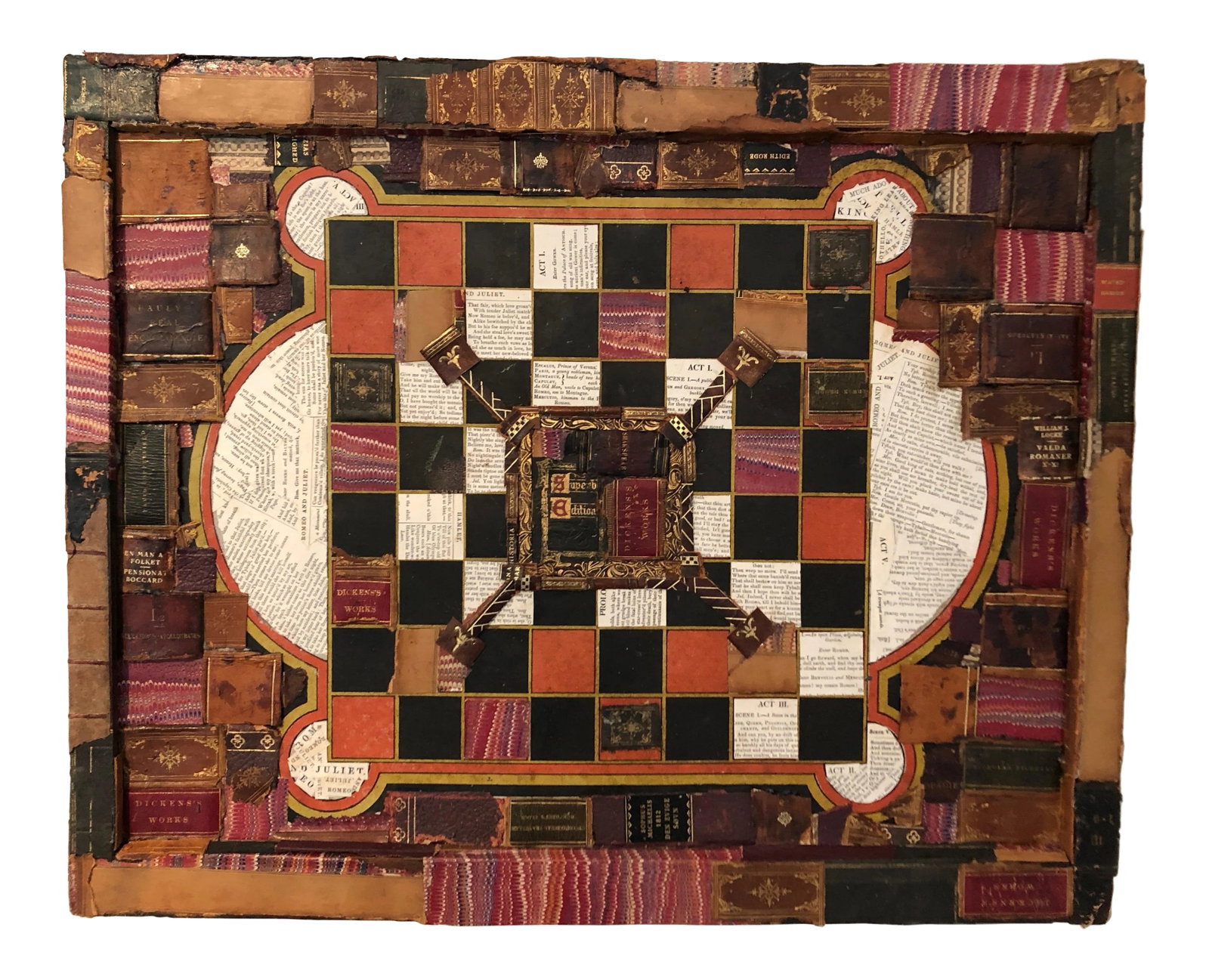 Fay Sciarra Mixed Media Gameboard Collage Wall Art: Richly layered collage on a vintage tin game board having a masculine combination of leather book bindings, text from Shakespeare plays, and decorative paper, with a warm earth color palette of