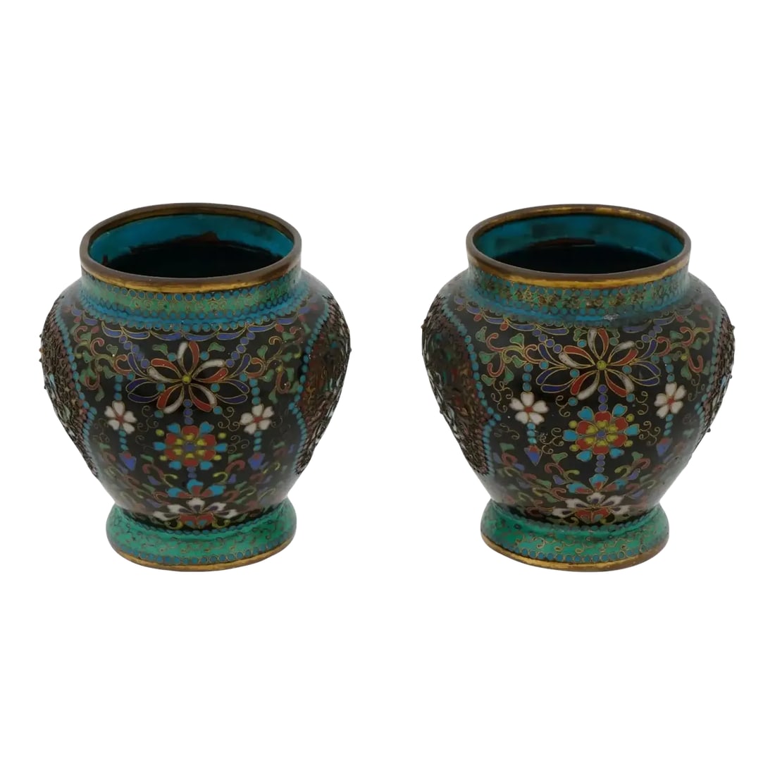Pair of Antique Japanese Cloisonne Enamel Meiji Vases: A pair of rare antique Japanese bronze vases from the Meiji period, decorated with enamel using the cloisonne technique. Two matched globular vases with a relief pattern of cloisonne enamel, making up