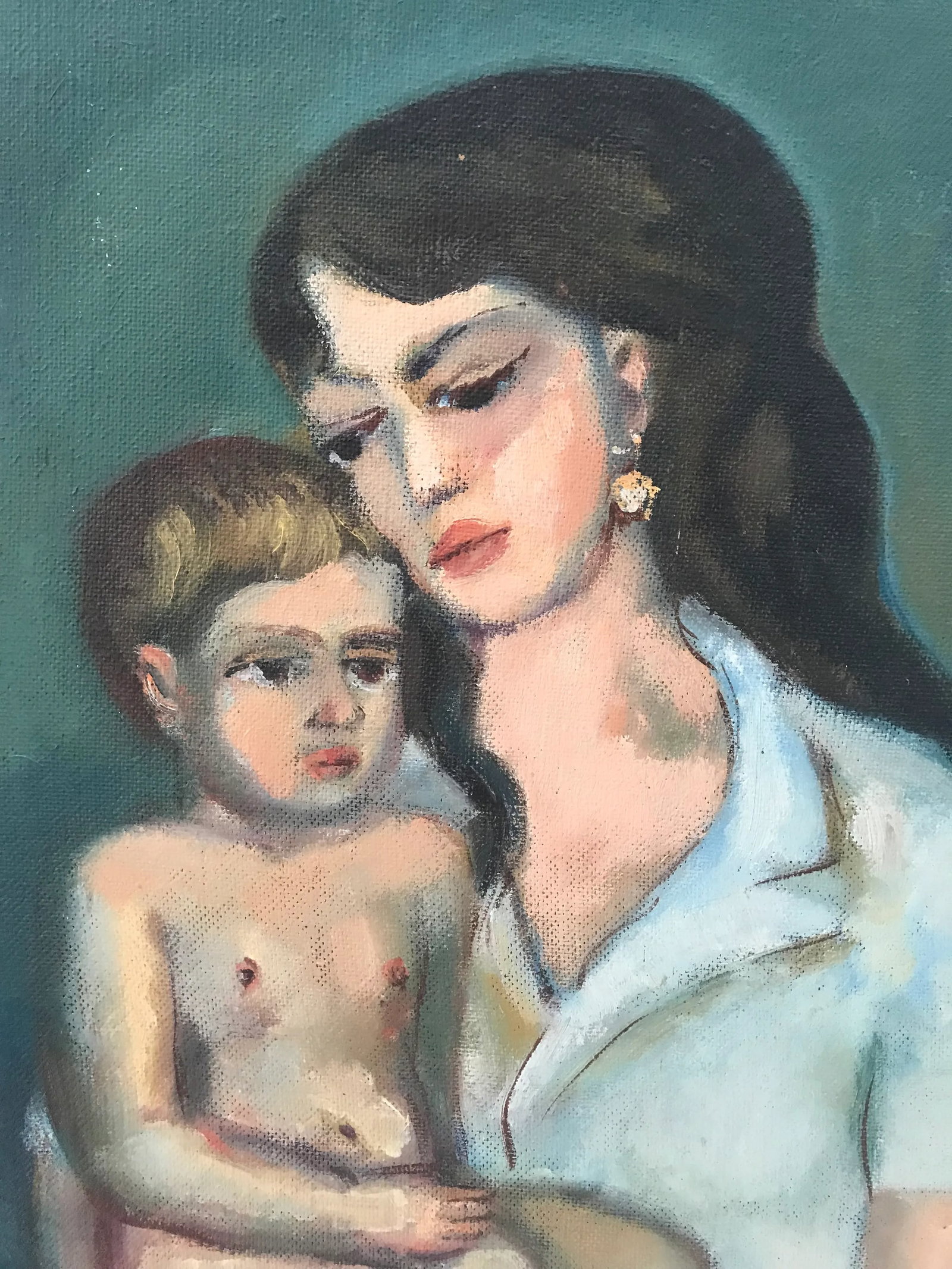 1960s Original Mother Child Oil on Board Painting - 3
