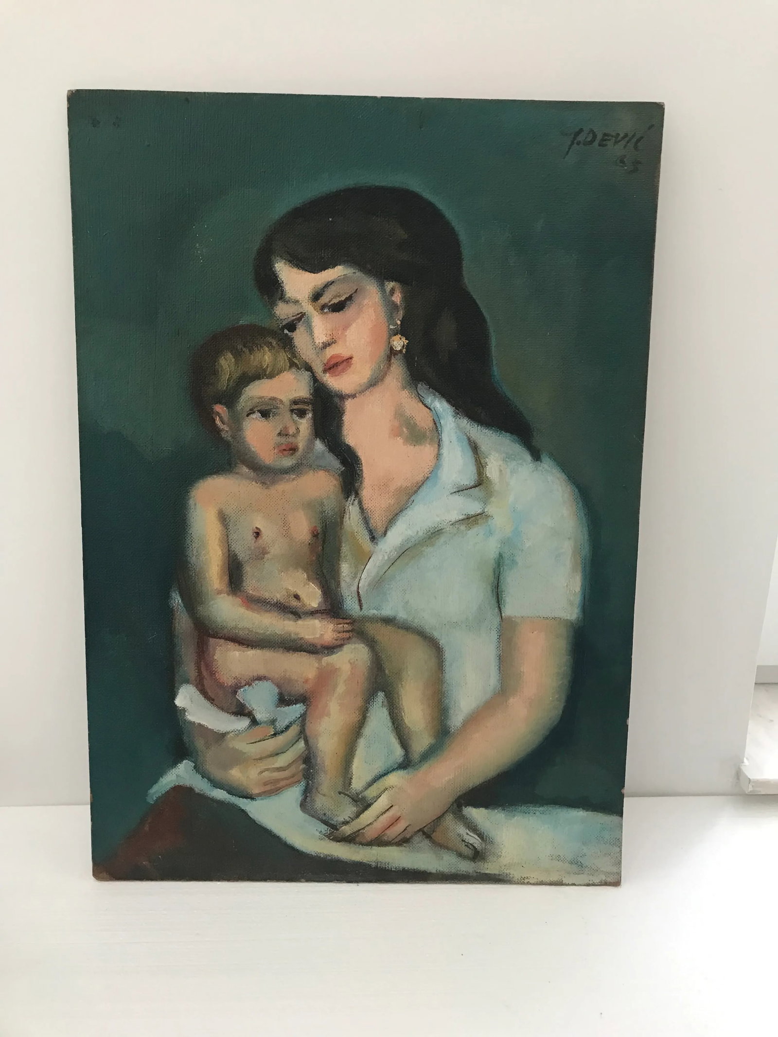 1960s Original Mother Child Oil on Board Painting - 4