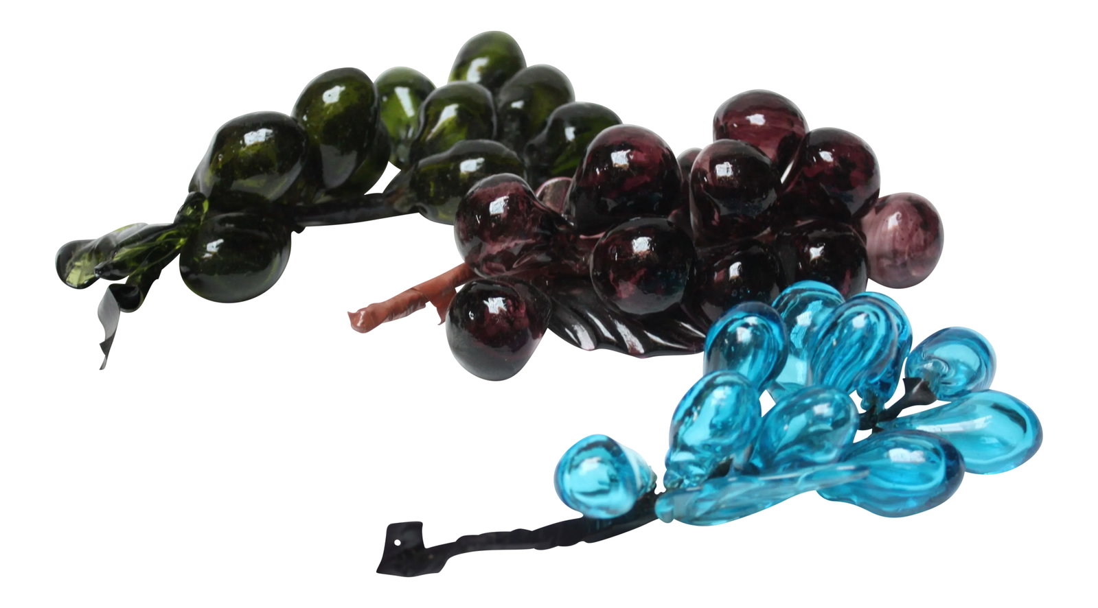 Set of Three Vintage Blown-Glass Grape Clusters: Colorful assortment of blown glass grape clusters: one in turquoise, one in purple, one in green with nice leaf and vine detail. Elegant decorative objects, ideally displayed loosely on a tabletop or
