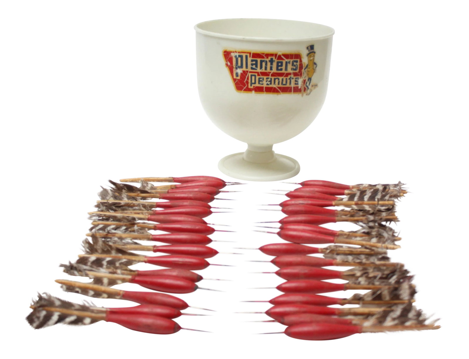 Collection of 32 Vintage Apex Darts With Planters Decorative Storage Bowl: Collection of 32 circa 1970s darts by the Apex Mfg. Co. in Norristown, PA. Composed of painted wood and turkey feathers with steel tips (paint is original, and red is an uncommon color for these