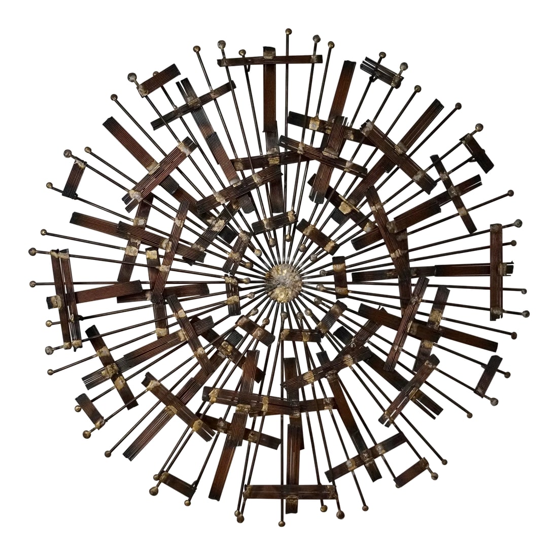Mid-Century Modern Brutalist Sunburst Wall Sculpture: We have this stunning original Mid-century Modern designer wall art piece for $3,850. It's an original piece of brutalist wall art, and dates back to the 1960's. It's rare, and truly a gem! It's a sun