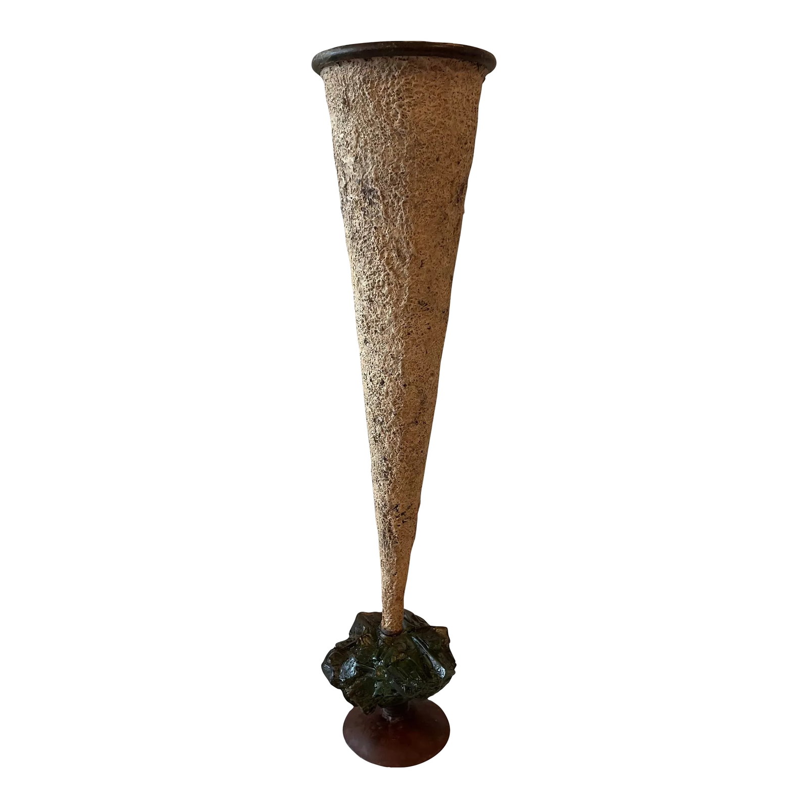 Vintage Abstract Mixed Media Sculpture by Billy Moon Sarreid: Vintage organic abstract mixed media pottery, resin and metal sculpture made in Mexico by Billy Moon Sarreid Ltd. Metal interior and top rim with organic pottery like material on outside of cone.