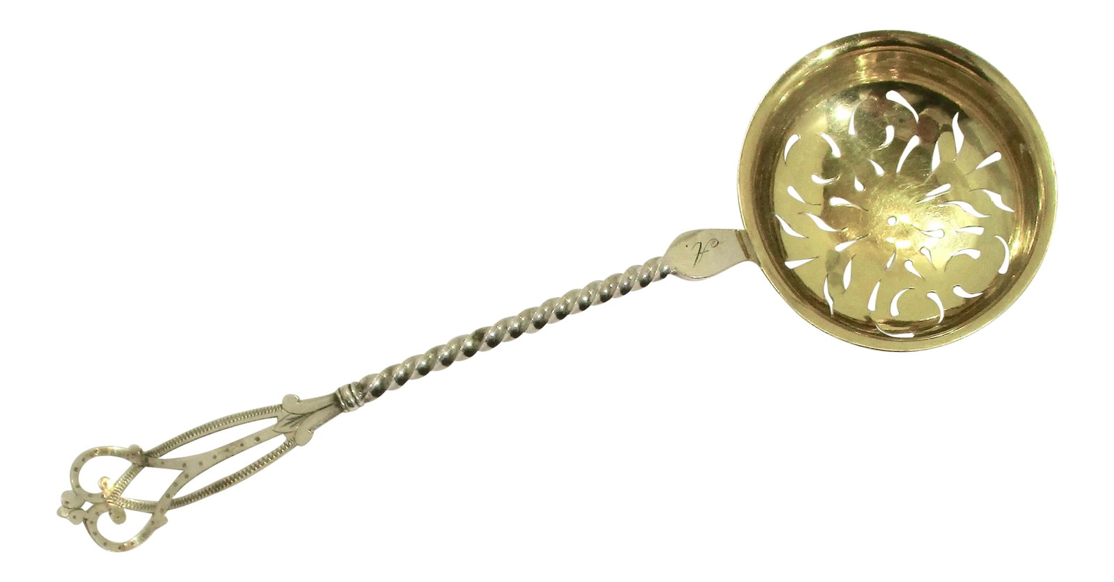830 Silver Standard Pierced Spoon Serving Piece: Norwegian Pierced Silver Serving Spoon With A Gilt Bowl. Monogrammed With Capital A On The Stem. Ornate Twisted Handle With Pierce And Engraved Design. Makers Mark- A&S. 13 1/4 Is Archaic Standard For