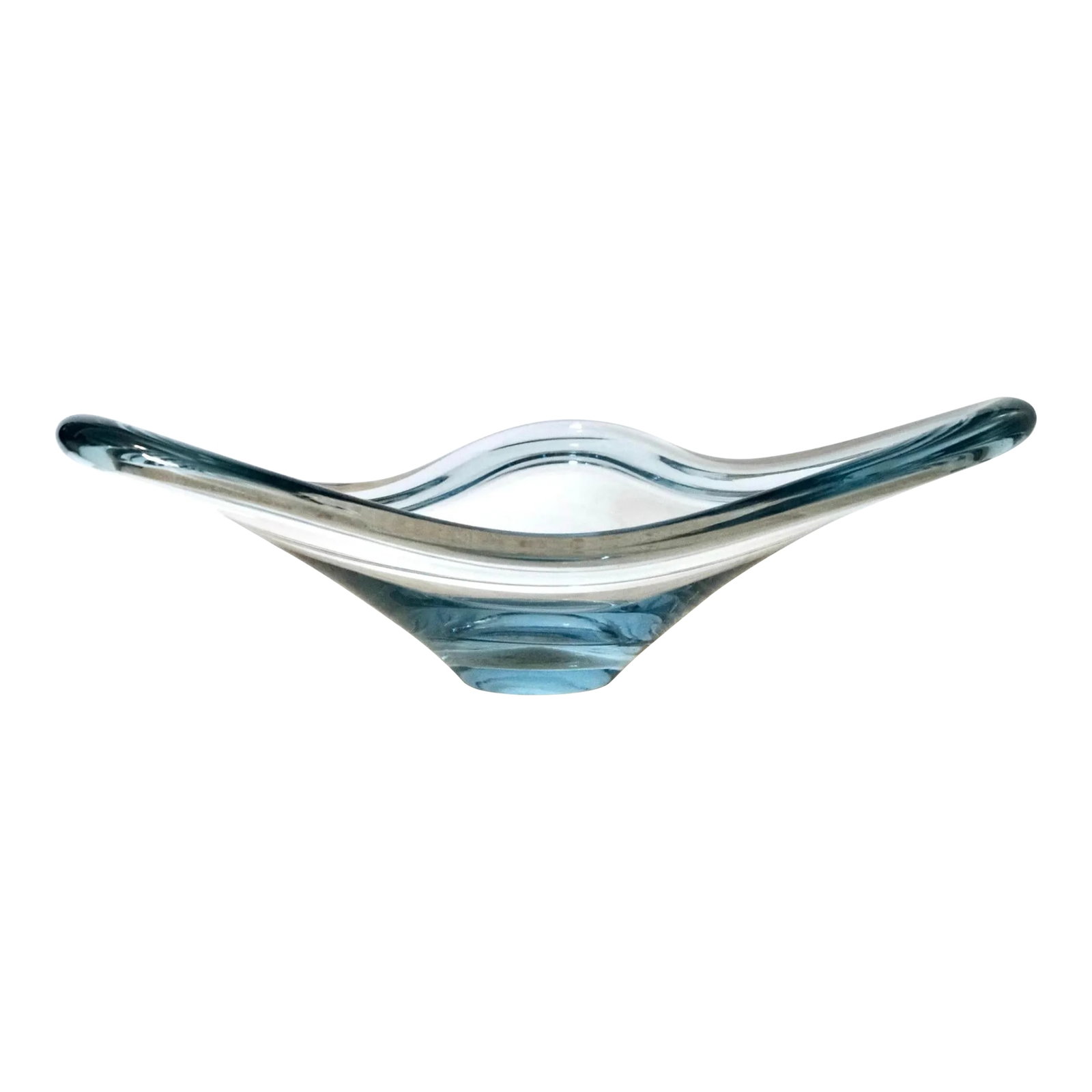 1960's Mid-Century Danish Modern Biomorphic Holmegaard Art Glass Bowl: Vintage Midcentury Modern glass bowl for sale. Designed and signed by Per Lutken for Holmegaard, and made in Denmark. From the 1960's, and in excellent condition. It's a beautiful blue tone, and has