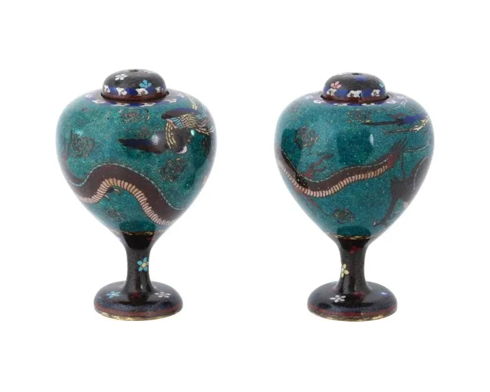 Antique Pair of Japanese Cloisonne Enamel Dragon and Phoenix Bird Jars - 2