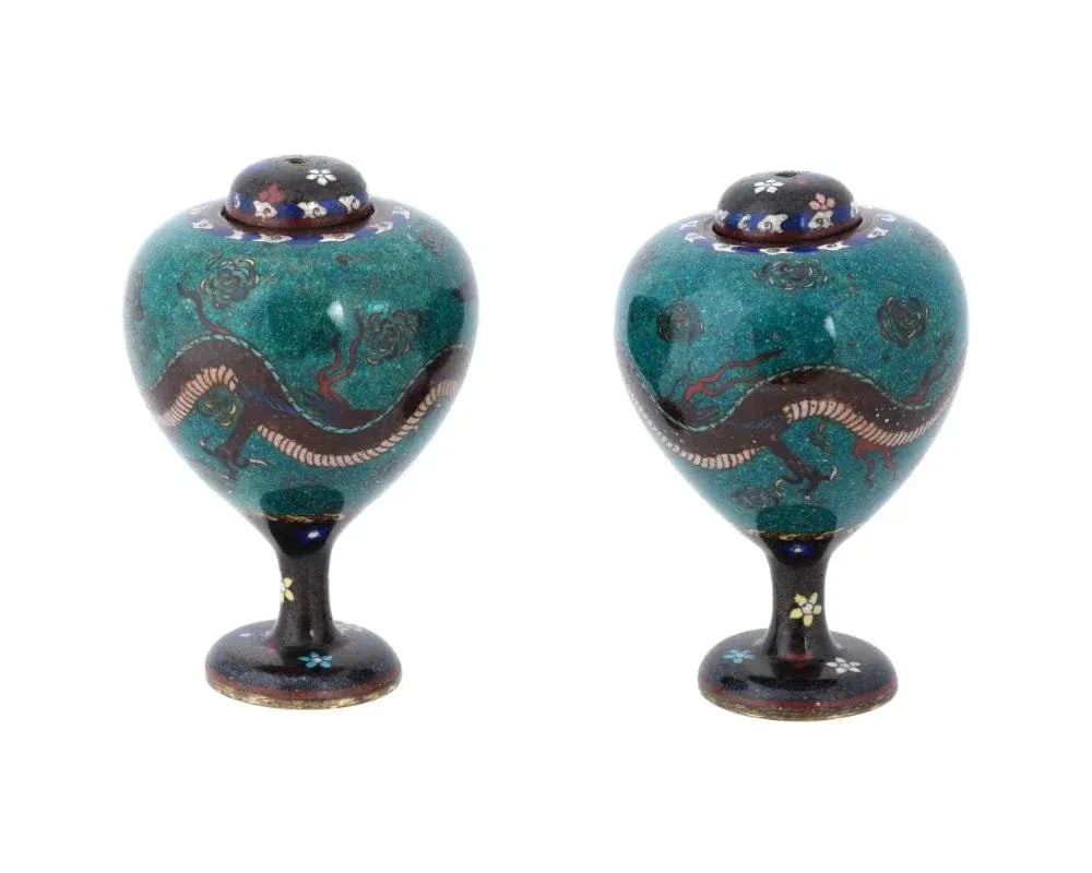 Antique Pair of Japanese Cloisonne Enamel Dragon and Phoenix Bird Jars - 3