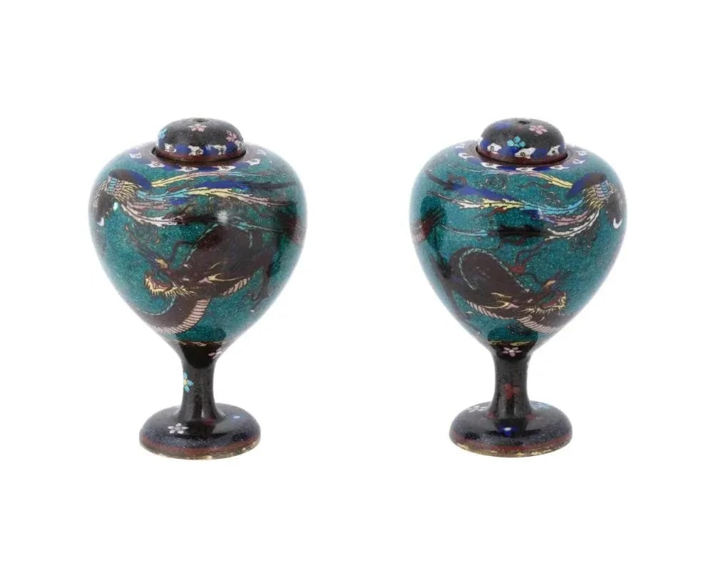 Antique Pair of Japanese Cloisonne Enamel Dragon and Phoenix Bird Jars - 4