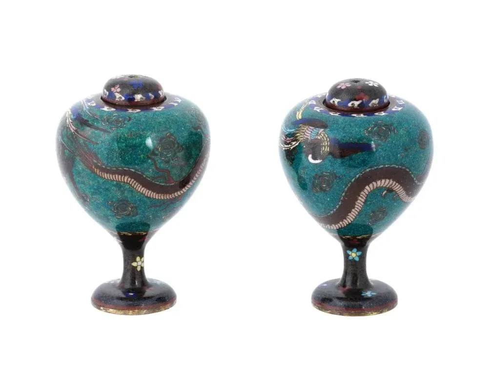 Antique Pair of Japanese Cloisonne Enamel Dragon and Phoenix Bird Jars - 5