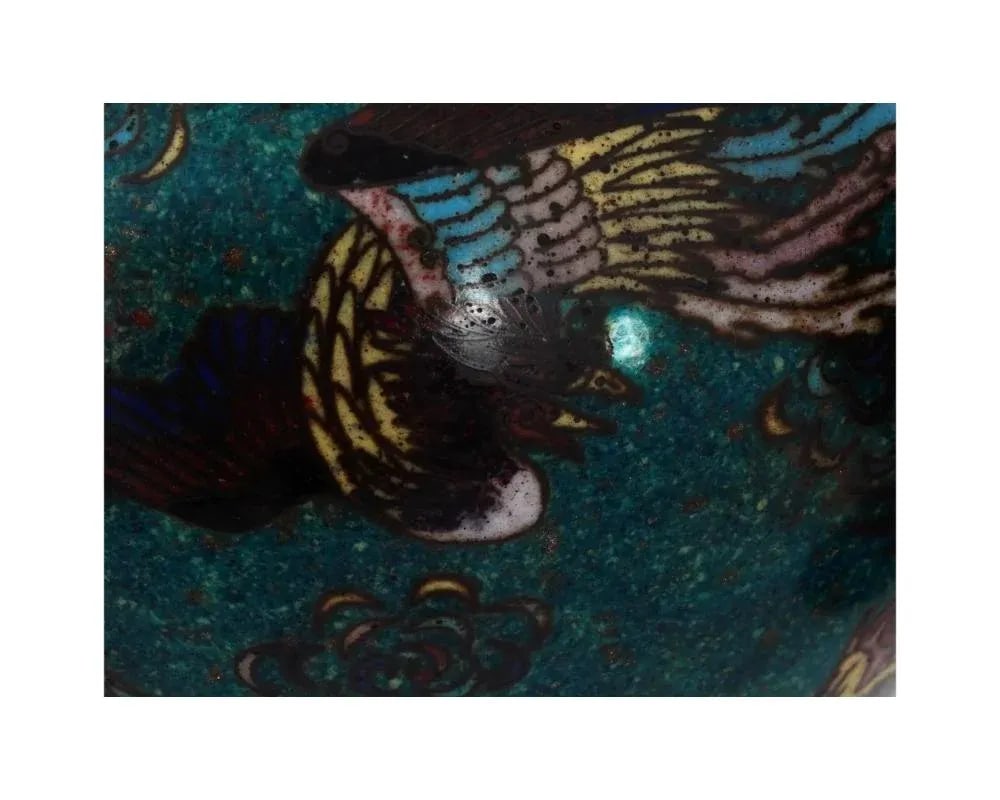 Antique Pair of Japanese Cloisonne Enamel Dragon and Phoenix Bird Jars - 9