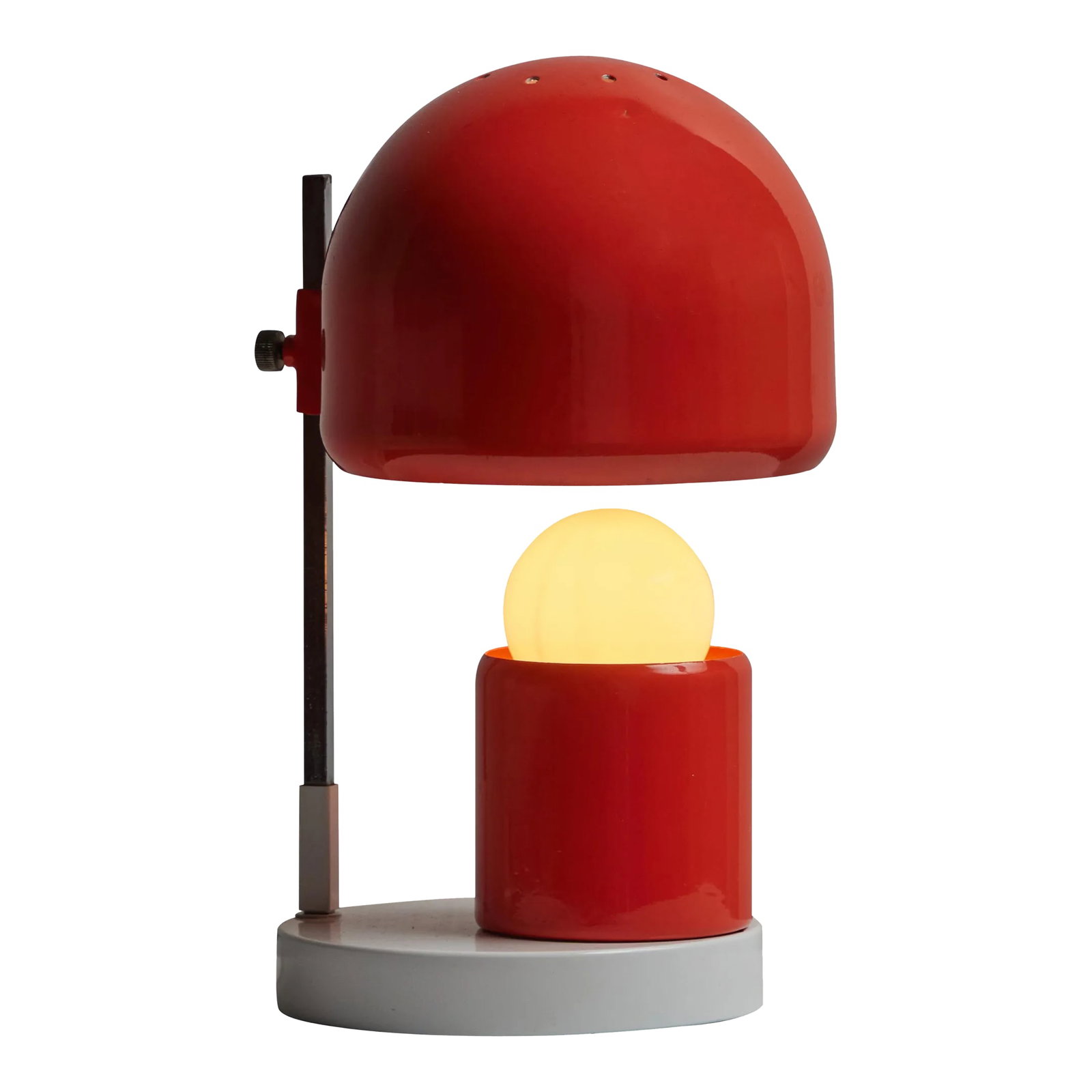 1960s Adjustable Perforated Table Lamp Attributed to Tito Agnoli for O-Luce: 1960s Adjustable Perforated Table Lamp Attributed to Tito Agnoli for O-Luce. Executed in burnt orange and white painted metal with patinated brass stem, this highly configurable table lamp is characte