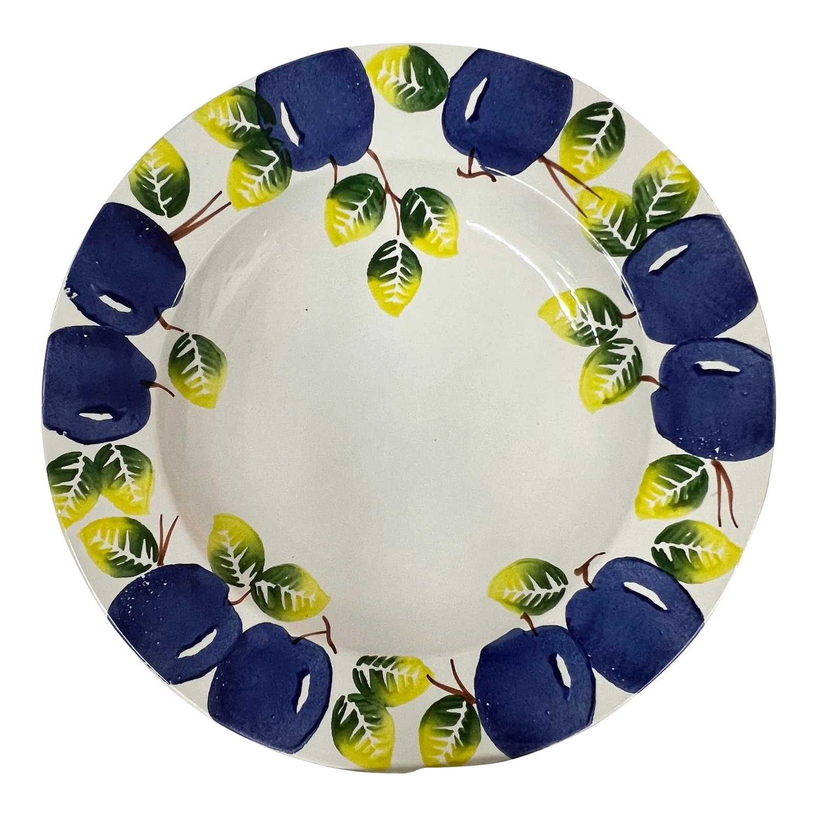 Italian Hand Painted Serving Bowl With Fruit Design: Large Italian serving bowl with hand painted plums and leaves design. Great size for pasta, salads and vegetables. Marked Italy. Measures 16" diameter x 2" h. Condition: Alterations: Original
