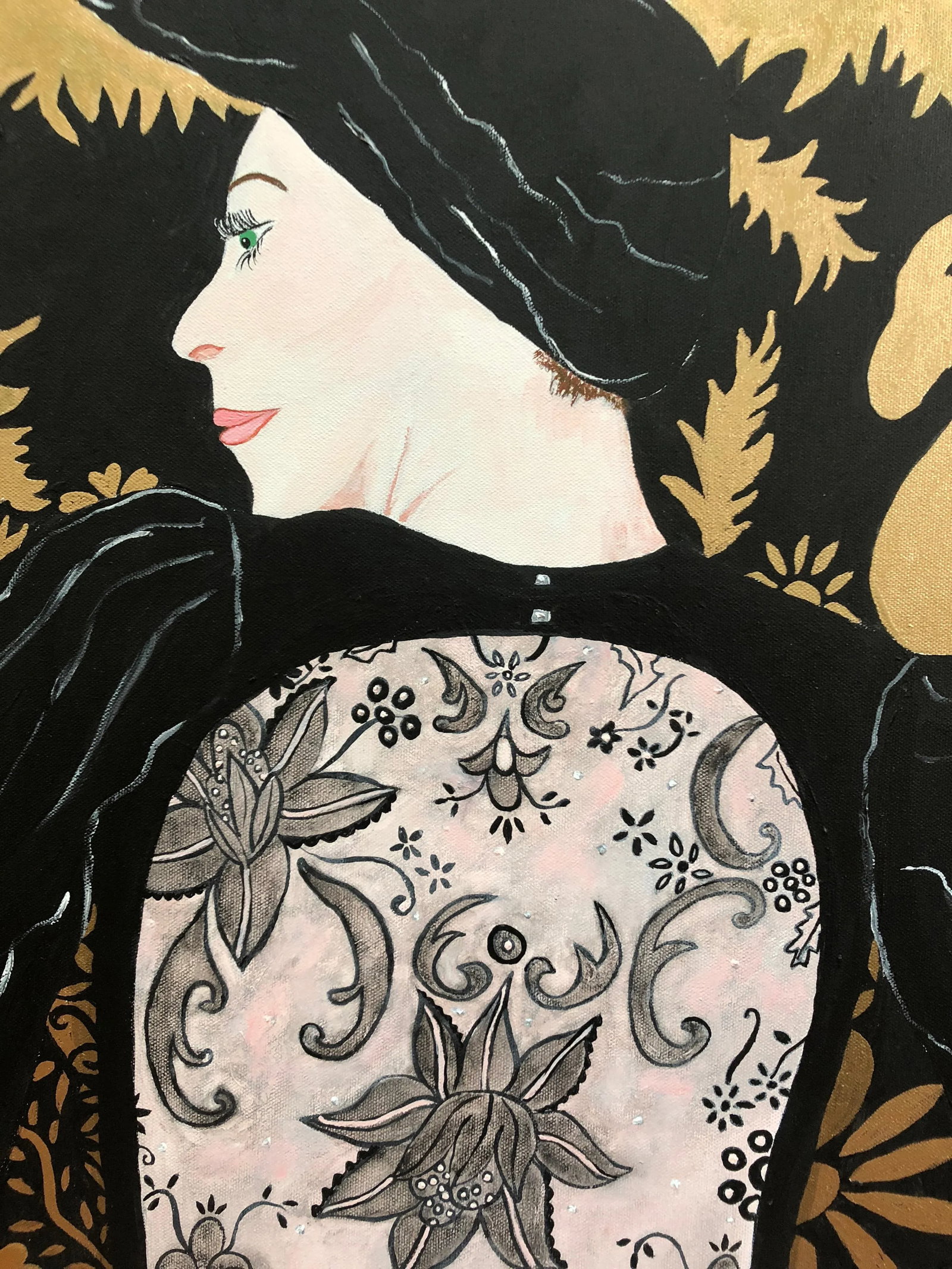 Woman in Black Lace Couture Backless Gown Painting - 4