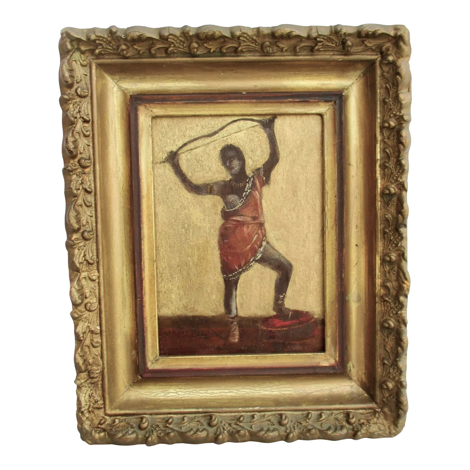 Antique Grand Tour Painting of Hippolyta the Amazon Queen: A fine and interesting painting of Queen Hippolyta, triumphant standing on a foot cushion and holding her bow aloft, baring her Amazon single brest. (Mythology of the Amazons describes the efficacy of