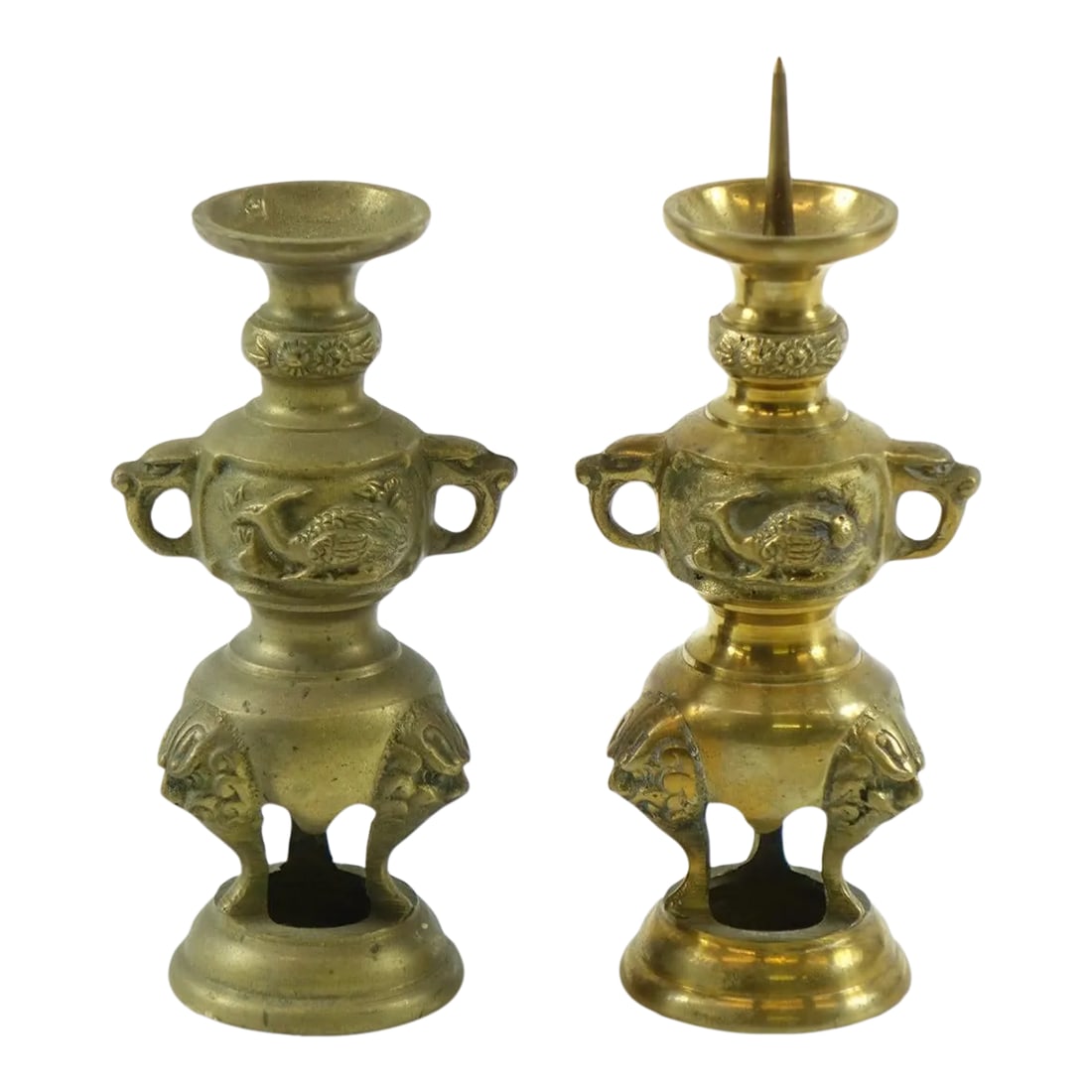 Mid 20th Century Chinese Brass Candle Holders - A Pair: Two Chinese Brass Candle Holders - 4.5" x 2" x 7.5 Condition: Alterations: Original Condition Unaltered Imperfections: Some Imperfections Condition Notes: Good condition Origin: Japan Materials &a