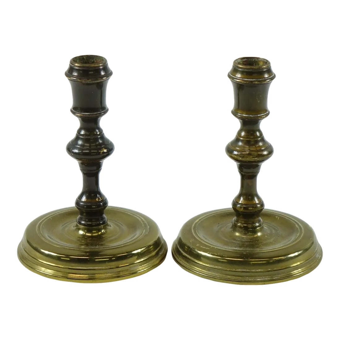 Mid 20th Century Antique Solid Brass Candlesticks With Round Base – Pair, Cw 16 20 Raleigh: This elegant pair of mid-20th century solid brass candlesticks exudes timeless charm and sophistication. Featuring a sturdy round base, each candlestick is beautifully crafted with a polished brass
