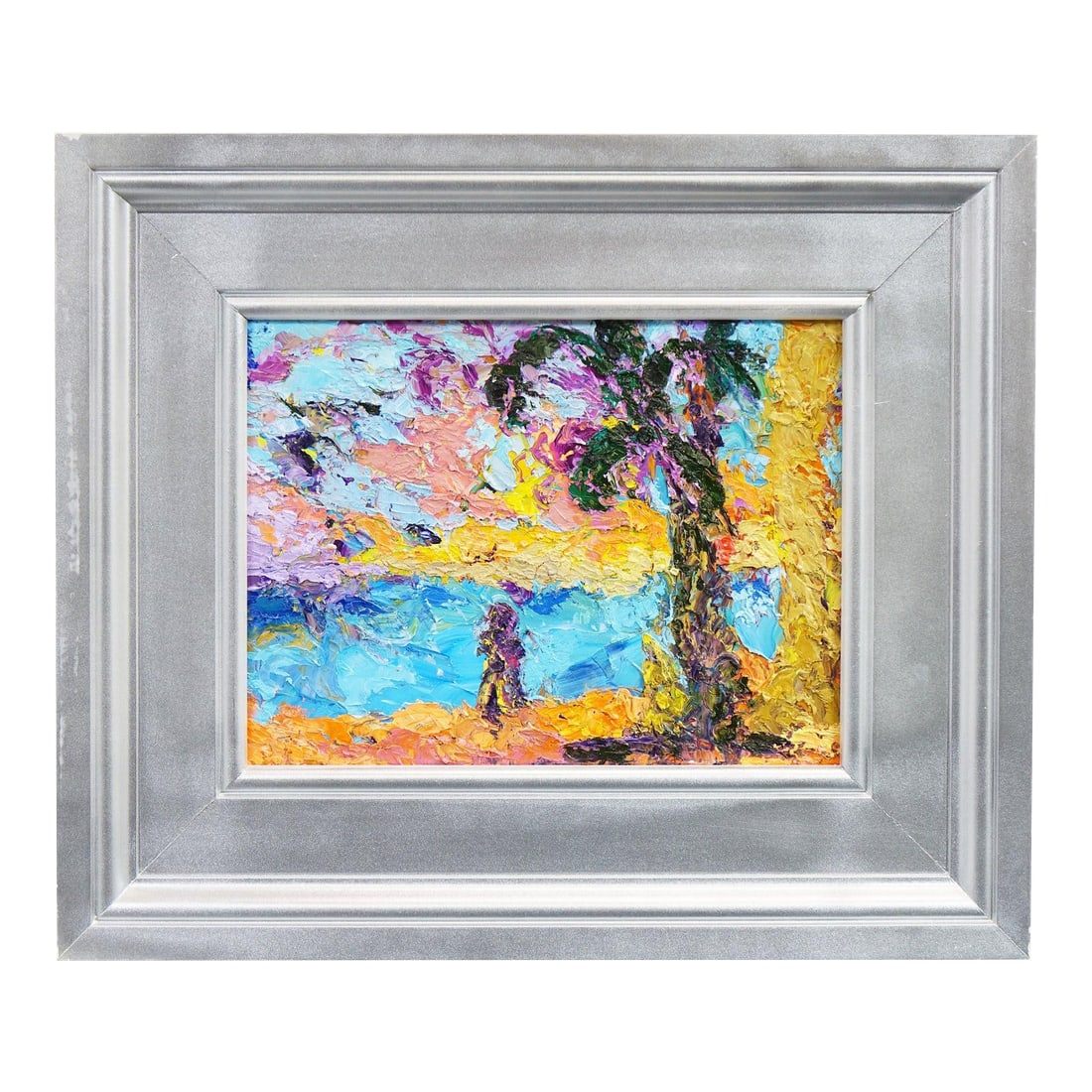 Late 20th Century Original Acrylic on Board – Abstract Impressionist Beach Scene: This original acrylic painting on board features a vibrant abstract impressionist style, with thick, textured paint application that gives the surface a striking 3D effect. The composition evokes a