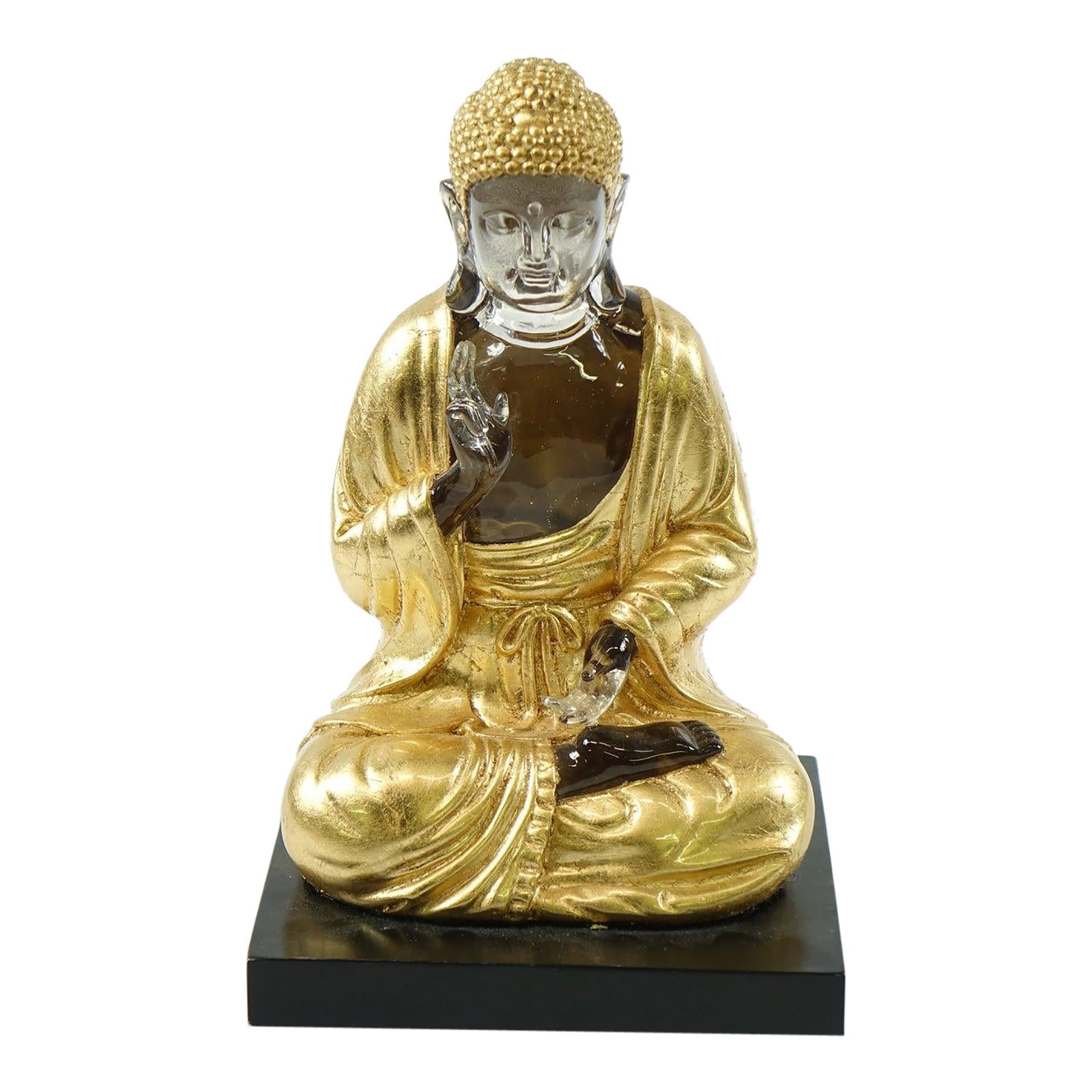 Late 20th Century Seated Figure of Buddha: Seated Figure of Buddha - 6.5" x 6.5" x 10.5" This exquisite seated Buddha figure embodies a blend of tranquility and elegance, featuring a striking combination of gold and silver tones. The figure