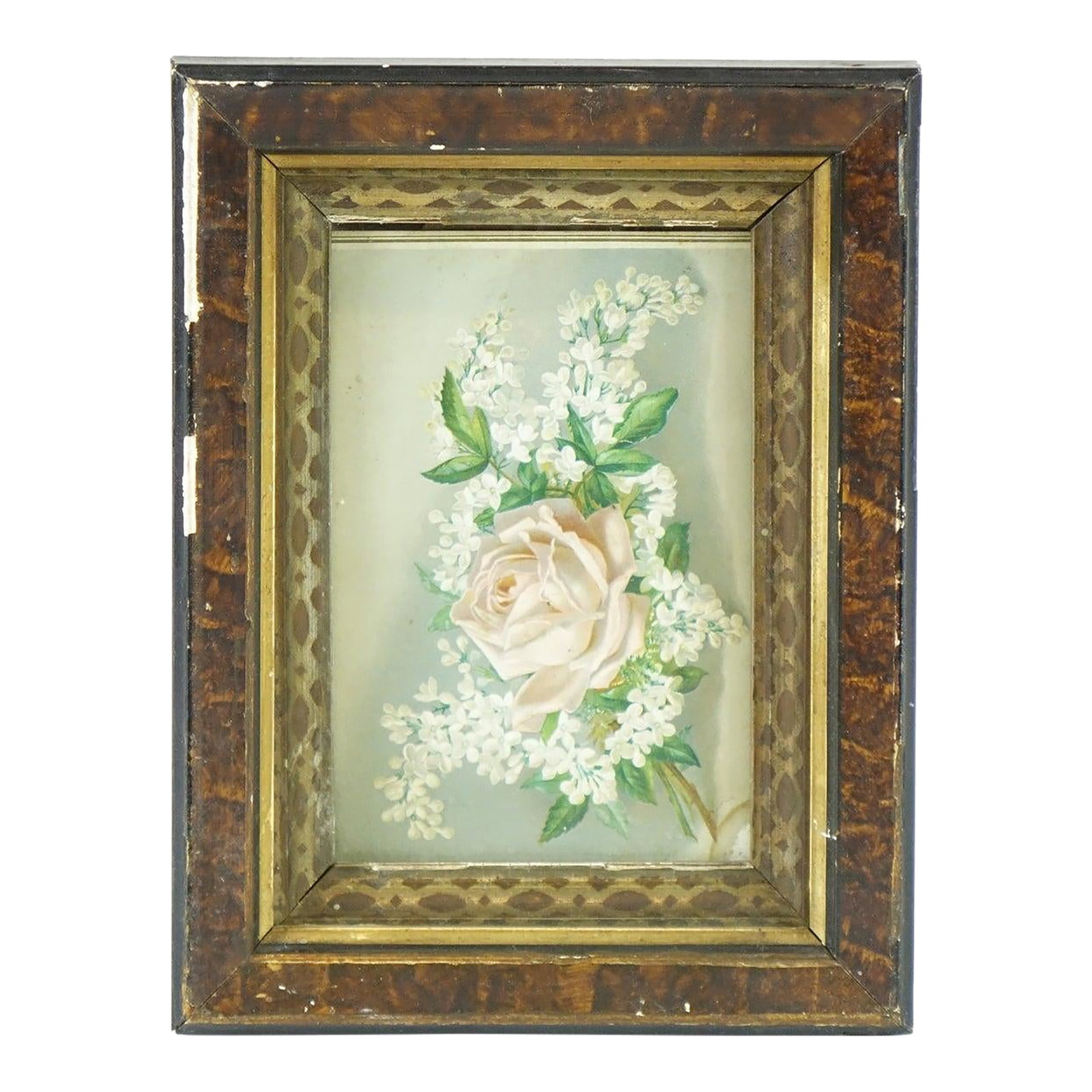 Elegance in Petals - Antique Colored Lithograph on Raised Paper: A delicate and beautifully preserved antique colored lithograph on raised paper, this small yet striking floral composition showcases the elegance and sentimentality of botanical art. Featuring a