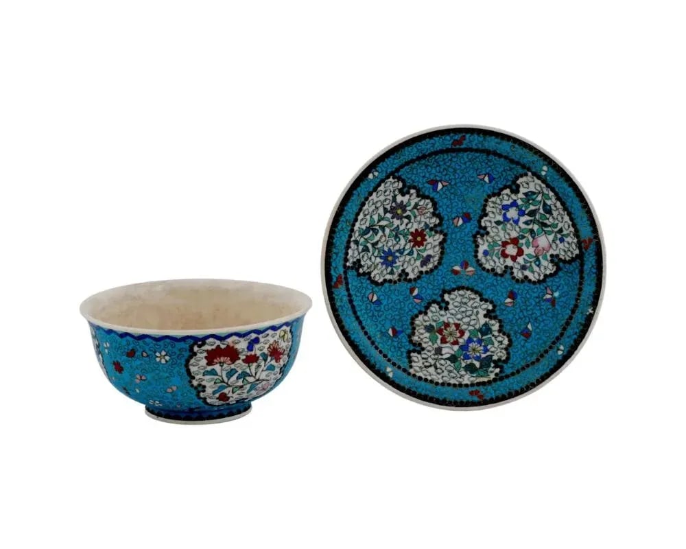Late 19th Century Japanese Cloisonne Meiji Totai Enamel on Porcelain Bowl Plate Set- 2 Pieces - 2