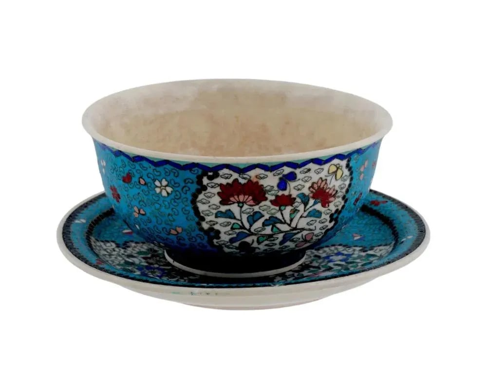 Late 19th Century Japanese Cloisonne Meiji Totai Enamel on Porcelain Bowl Plate Set- 2 Pieces - 4
