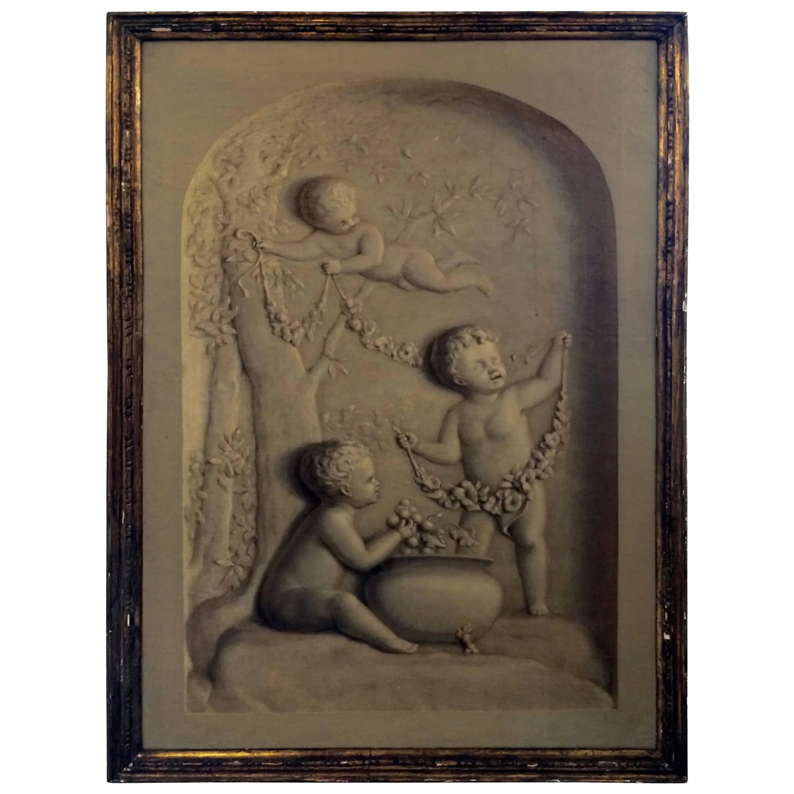 1900s French Trompe l'Oeil Oil Painting of Putti in a Niche: In the manner of Piat-Joseph Sauvage, "Allegory of Spring", is a gorgeous oil on canvas where the subject is 3D putti so meticulously executed they seem to pop out from the flat surface. Giltwood