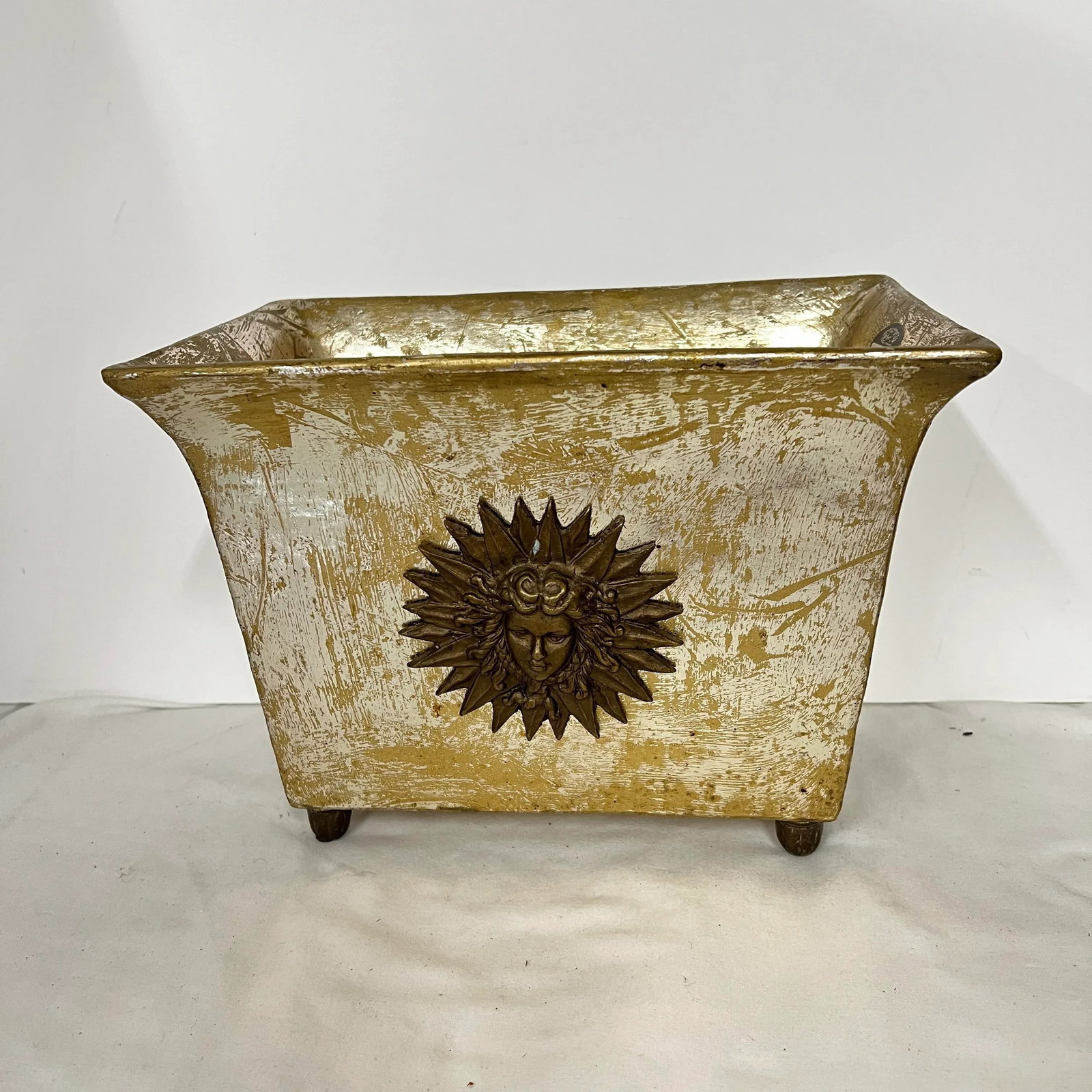 Footed Silver / Gold Wash Planter Adorned With Sun King Medallion - 3