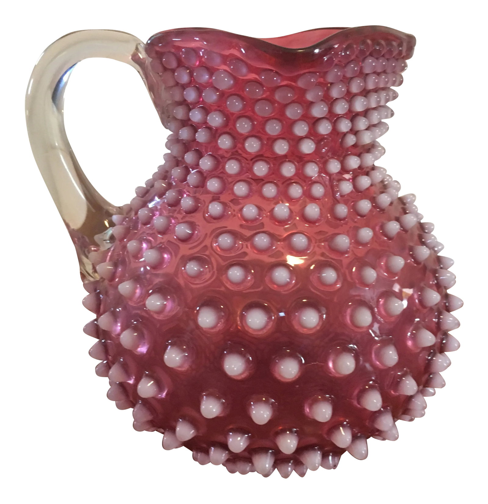 Antique Fenton Cranberry Opalescent Hobnail Glass Water Pitcher: Nice late 18 century Fenton pitcher holds 80 ounces Condition: Alterations: Original Condition Unaltered Imperfections: Some Imperfections Condition Notes: Very good condition no flaws Creator:
