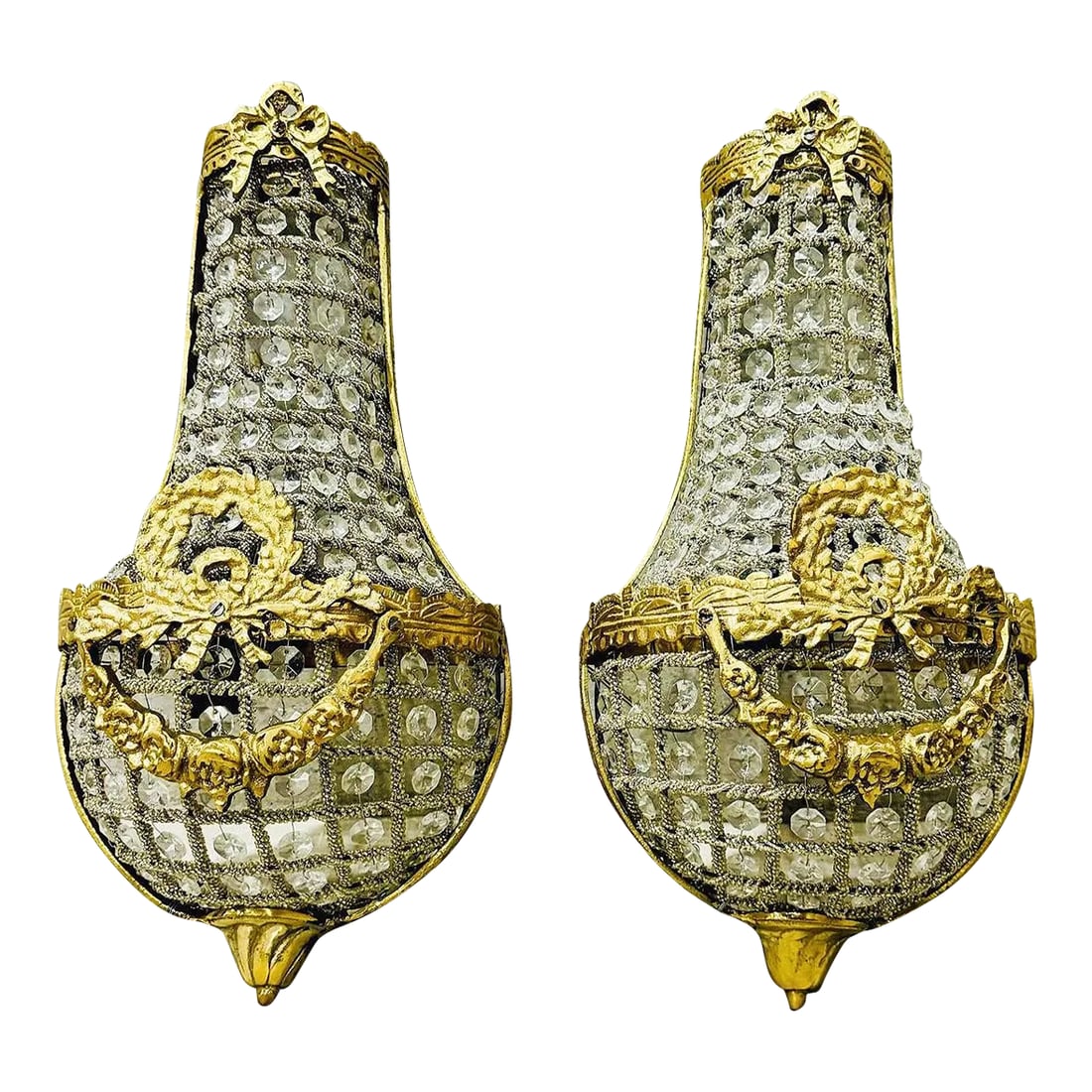 French Gold Leaf Basket Sconces - a Pair: Stunning pair of French Basket Sconces ready to ship. The sconces were re-wired for use in the USA without the need of an adapter. Also, the brass was refinished in France. Stunning detail. The price