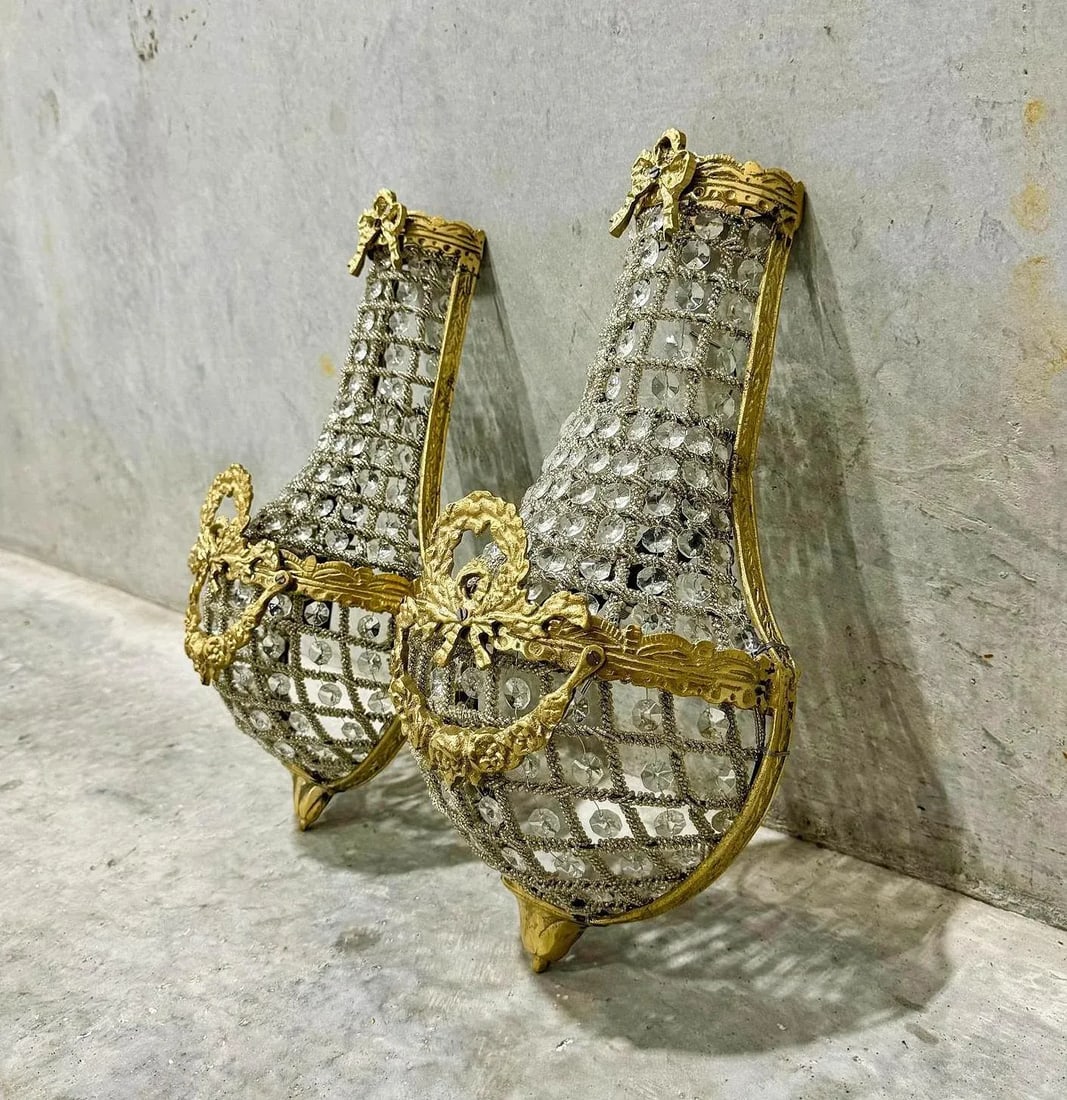 French Gold Leaf Basket Sconces - a Pair - 2