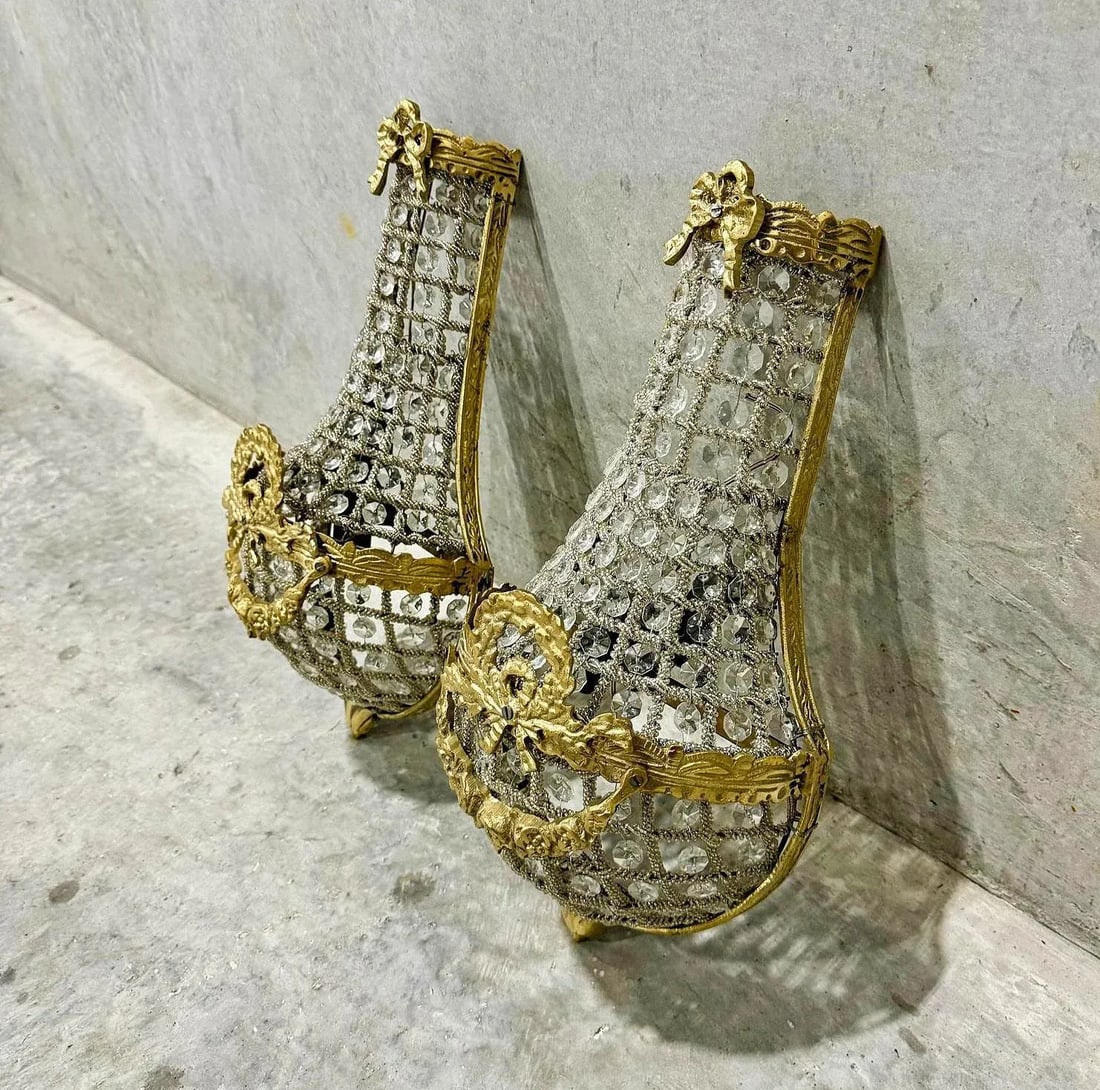 French Gold Leaf Basket Sconces - a Pair - 3