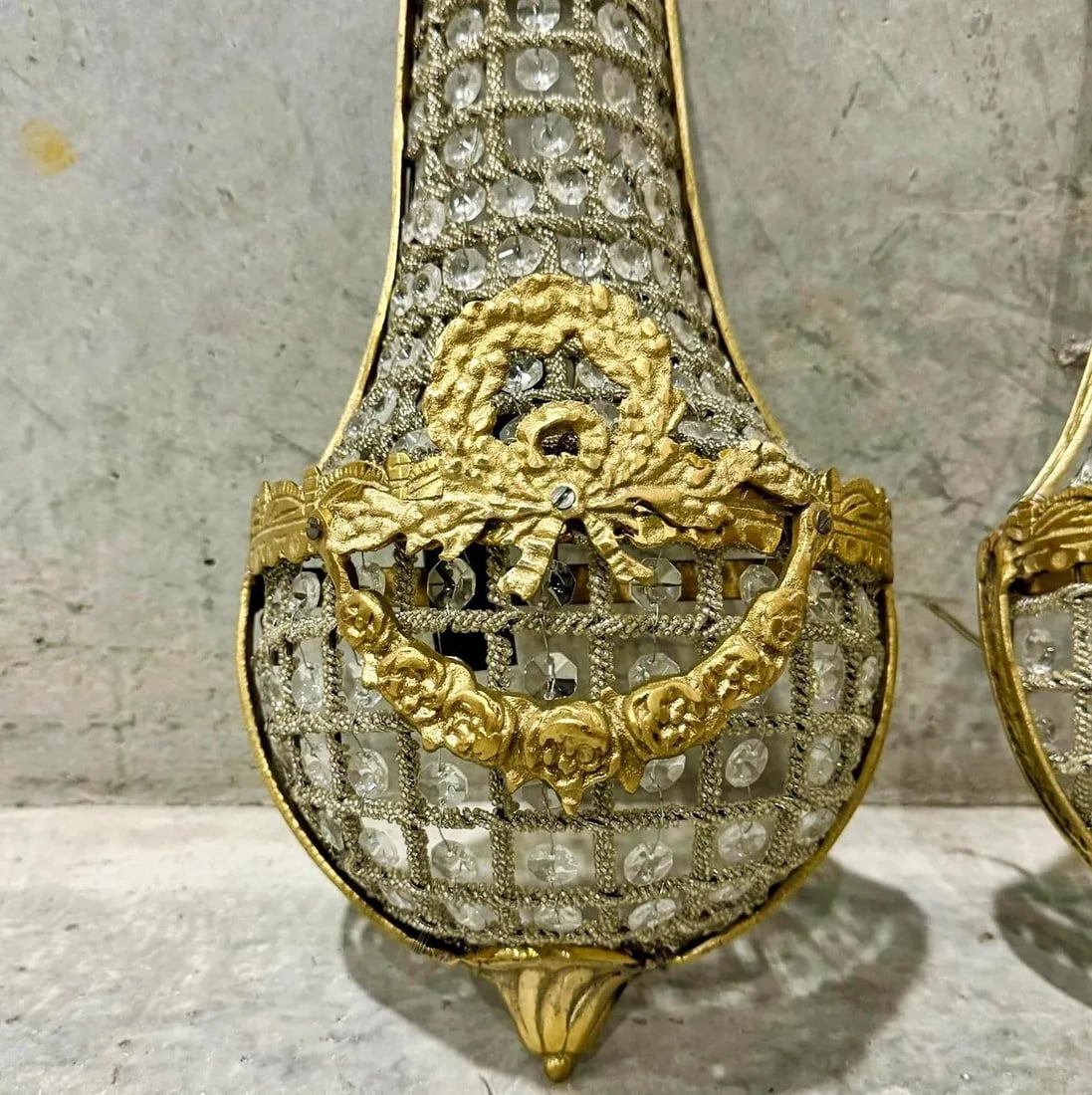 French Gold Leaf Basket Sconces - a Pair - 4