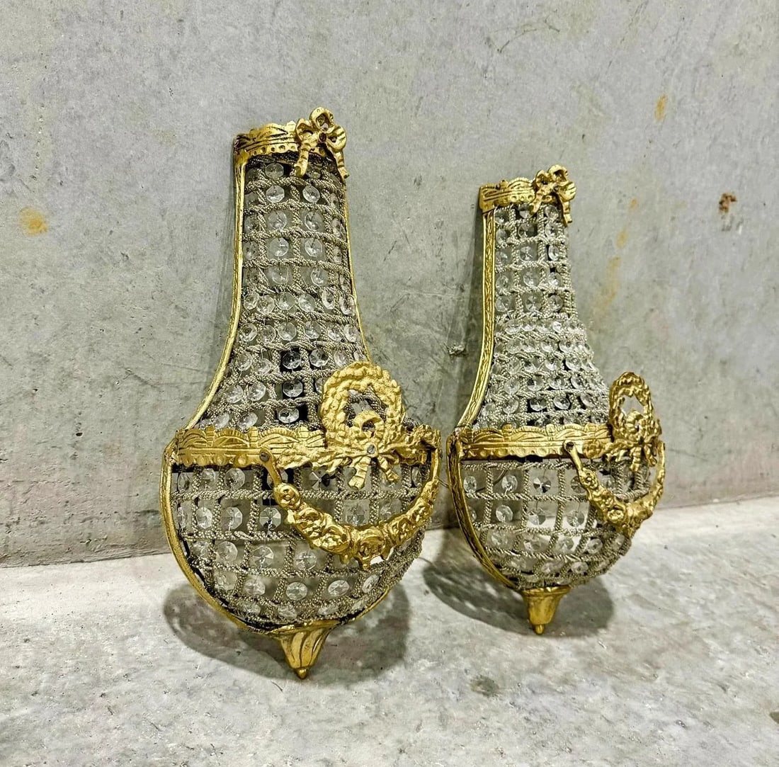 French Gold Leaf Basket Sconces - a Pair - 7