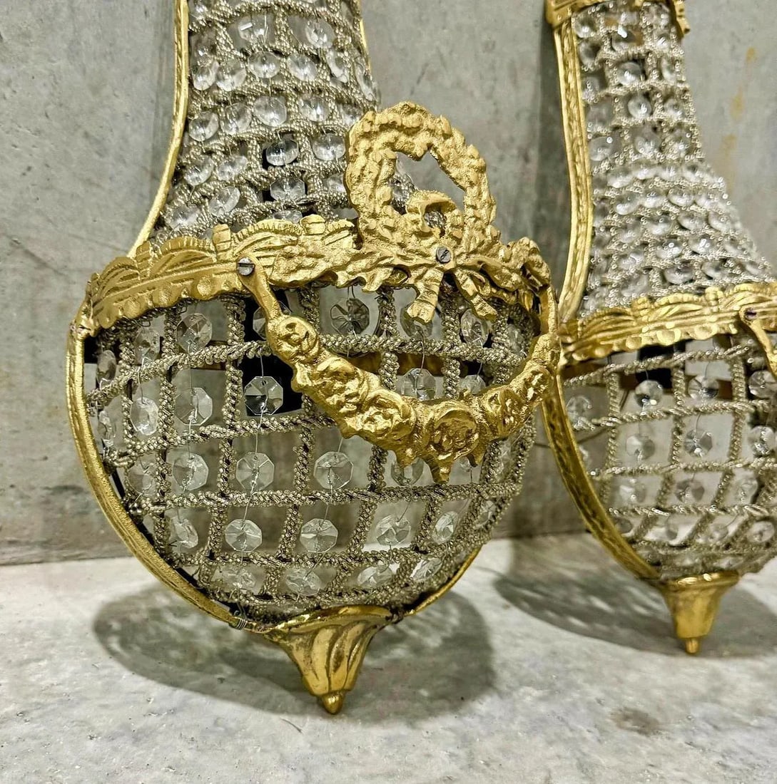 French Gold Leaf Basket Sconces - a Pair - 8