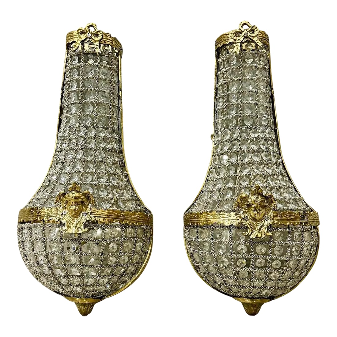 French Basket Sconces - Set of 2: Stunning pair of French Basket Sconces ready to ship. The sconces were re-wired for use in the USA without the need of an adapter. Also, the brass was refinished in France. Stunning detail. The price