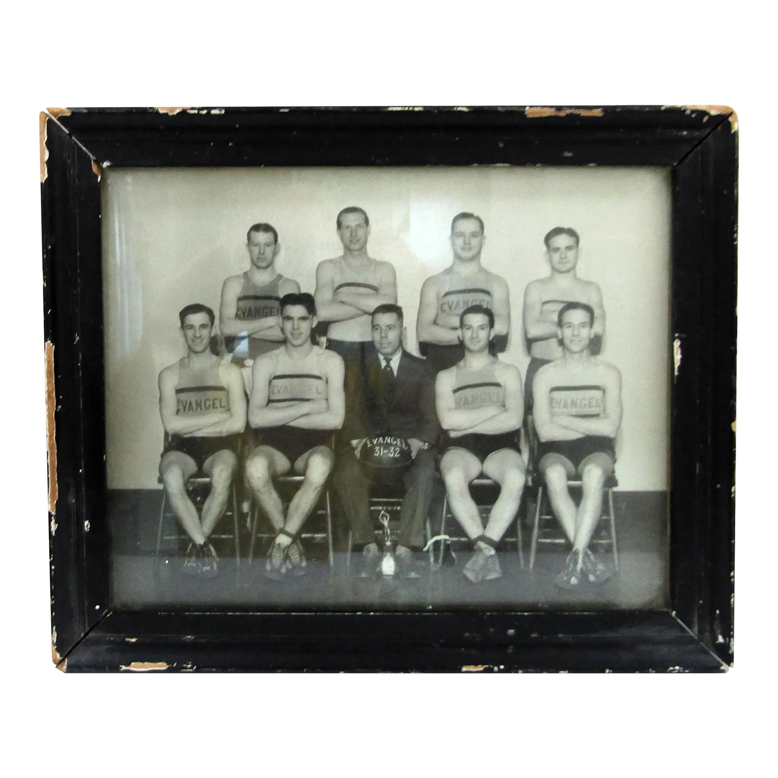 Antique 1931-32 Photograph the Evangel Basketball Team Evangel University, Framed: Antique 1931-32 Photograph The Evangel Basketball Team Evangel University Missouri Photo measures 9 1/4" long and 7 5/8" tall. Overall measures 11 3/4" long and 9 5/8" tall. Condition: Alterations: Or