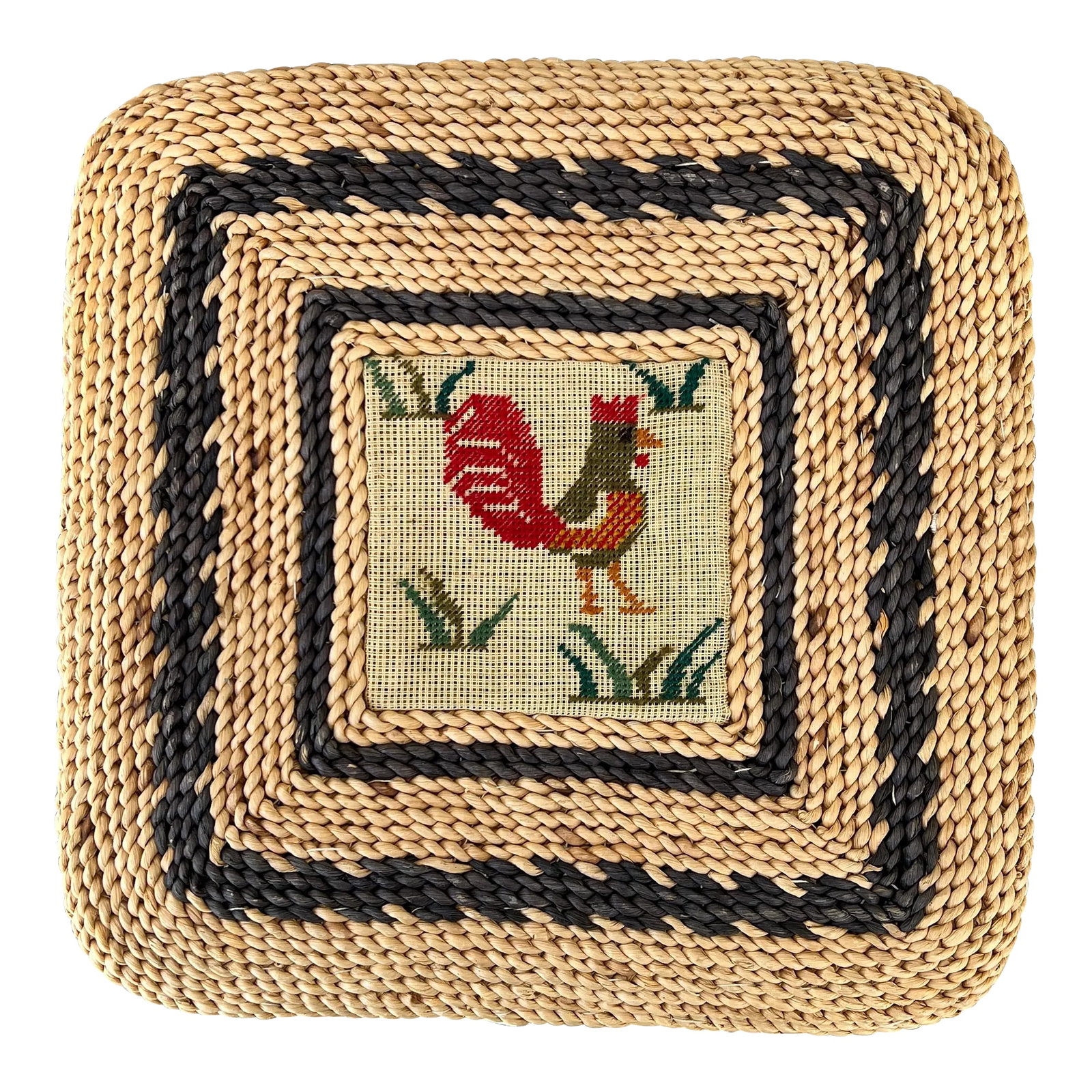 Farmhouse, French Country Woven Cornhusk Chair Cushion W/ Rooster Needlepoint Design, (1 of 3)