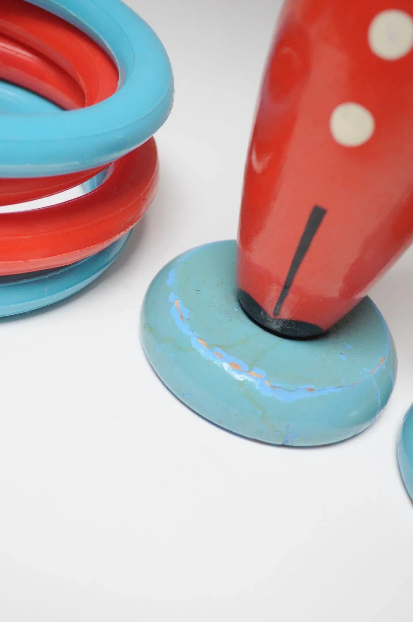 Pair of Vintage French Painted Wooden "Clown" Skittles / Ring Toss Stands With Rings - 10